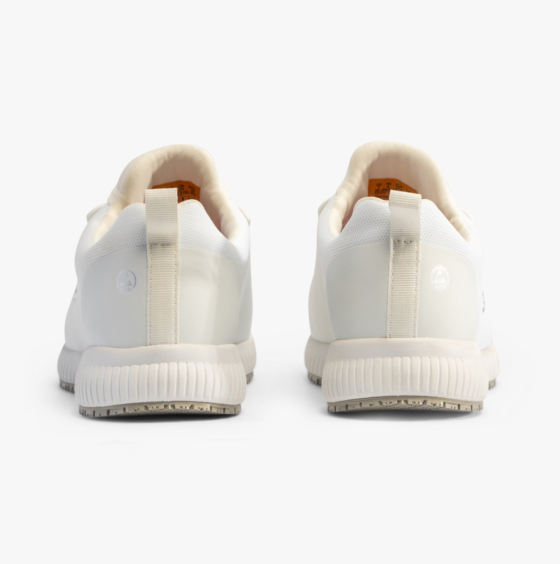 Rear view of Skechers Work 200051EC SQUAD - MYTON SR Mens Occupational Trainers White showing heel design and sole detail.