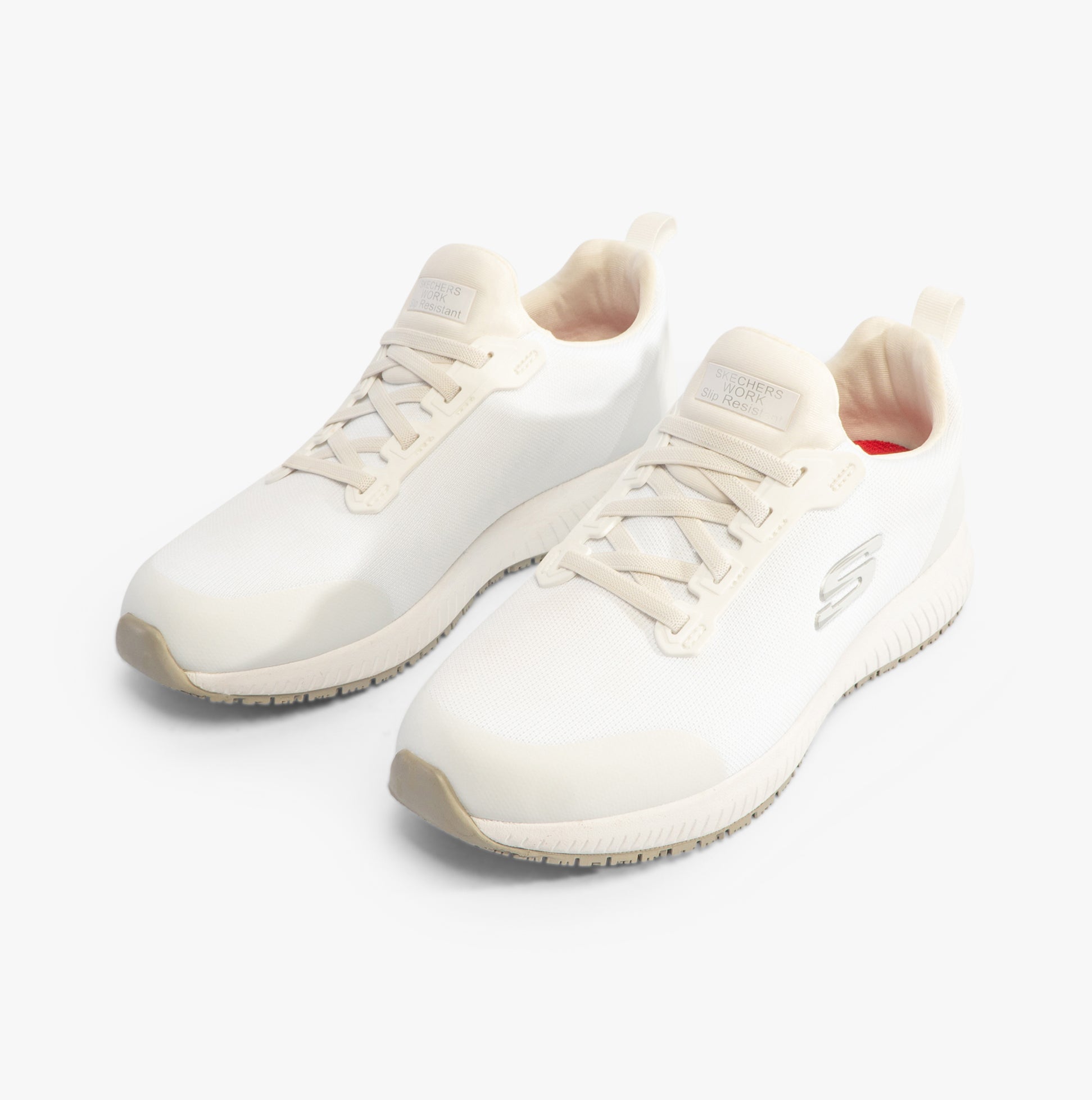 Skechers Work 200051EC SQUAD - MYTON SR Mens Occupational Trainers White, side view showcasing synthetic design and lace-up style.