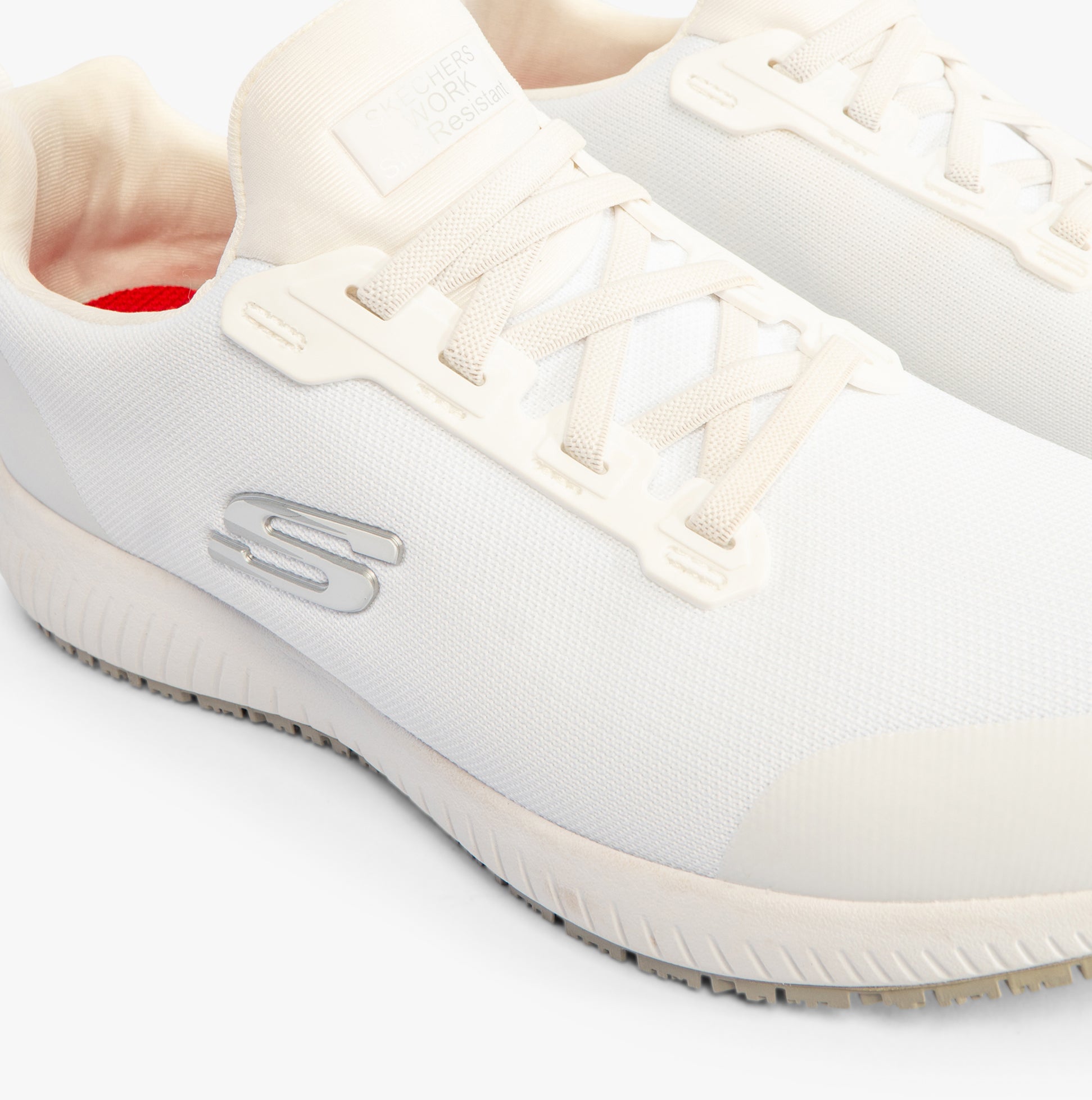 Side view of Skechers Work 200051EC SQUAD - MYTON SR Mens Occupational Trainers White with lace-up design and slip-resistant sole.