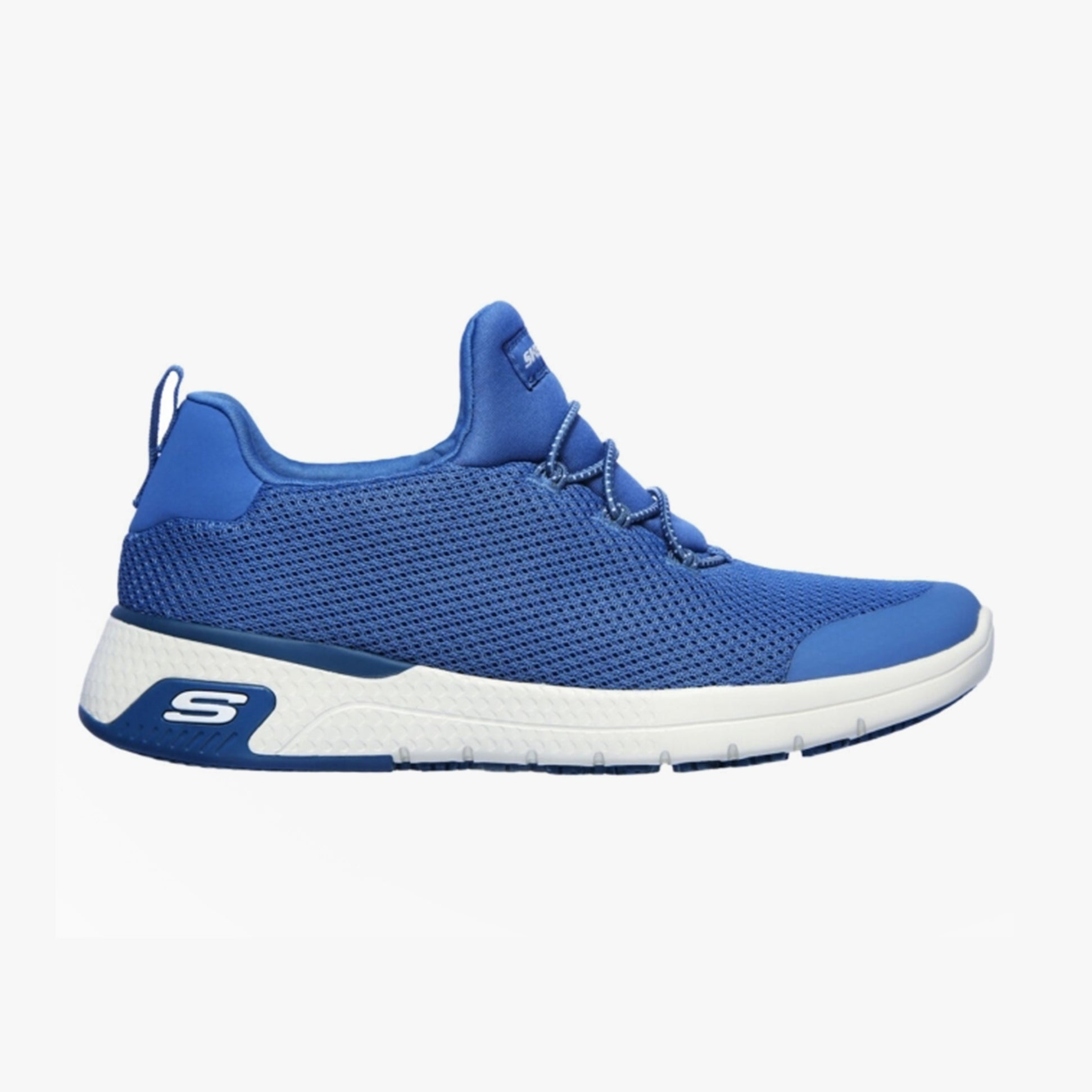 Side view of Skechers Work 77281EC MARSING - WAIOLA SR Womens Occupational Trainers Blue, showcasing mesh upper and slip-resistant sole.