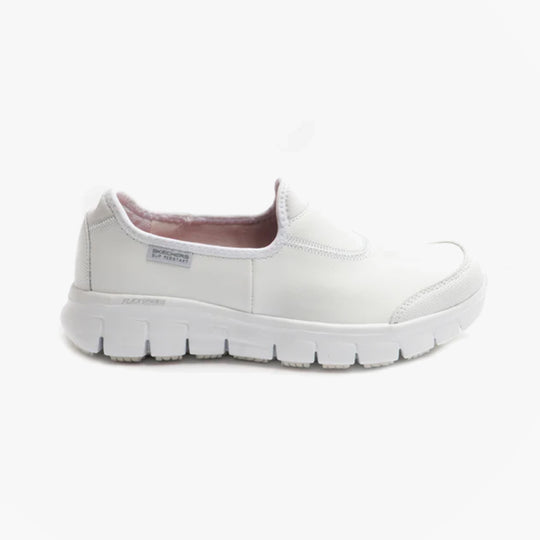Skechers Work 76536EC SURE TRACK SR Womens Occupational Shoes White side view, showcasing leather upper and rubber sole.