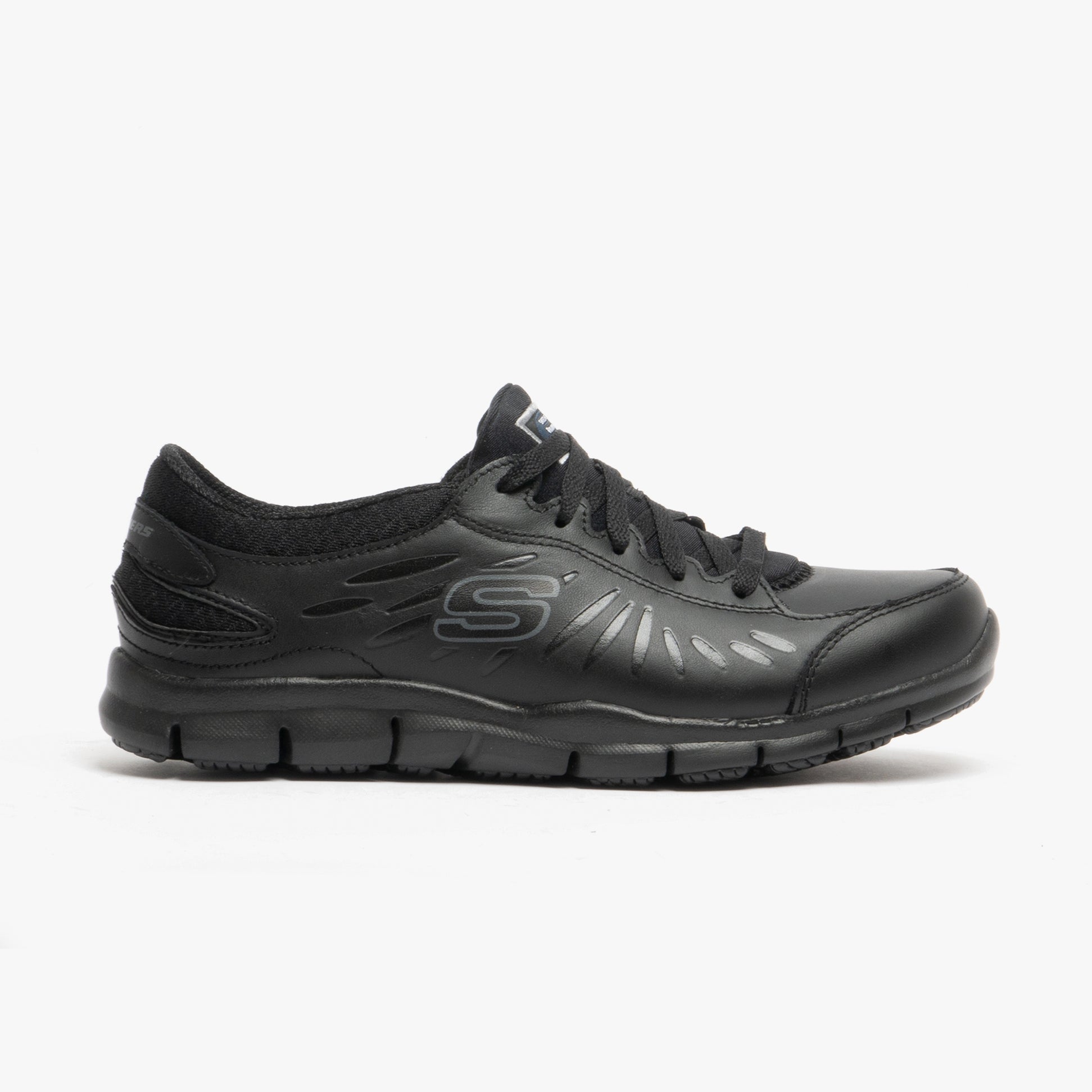 Side view of Skechers Work 76551EC ELDRED SR Womens Occupational Shoes Black, leather upper, rubber sole, slip resistant, memory foam.