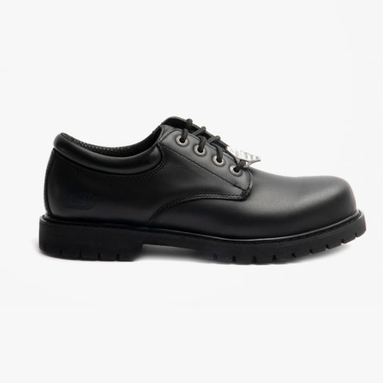 Side view of Skechers Work 77041EC COTTONWOOD ELKS SR Mens Occupational Shoes Black with lace-up closure and synthetic sole.