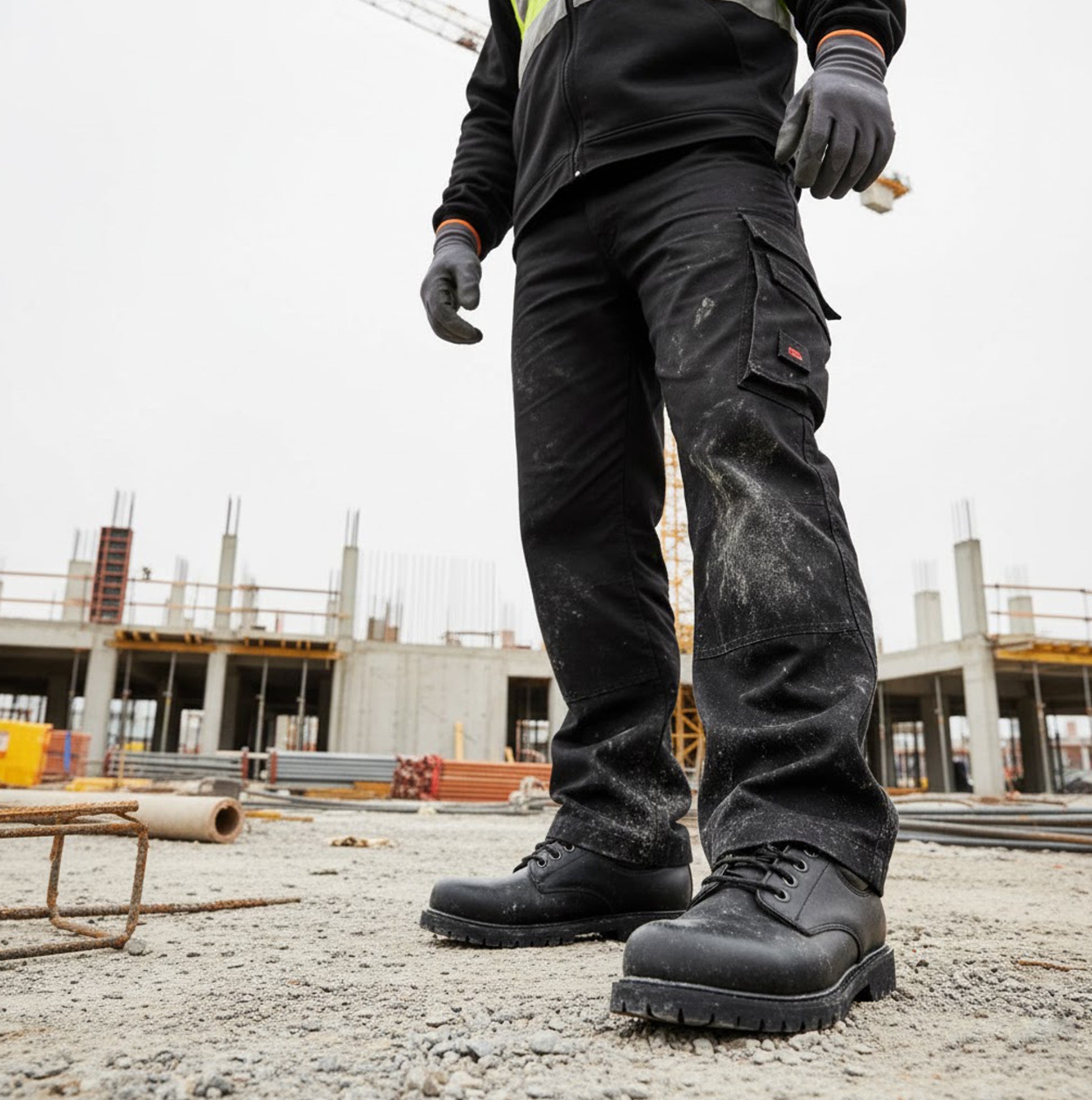 Worker wearing Skechers Work 77041EC COTTONWOOD ELKS SR Mens Occupational Shoes Black on construction site, side view.