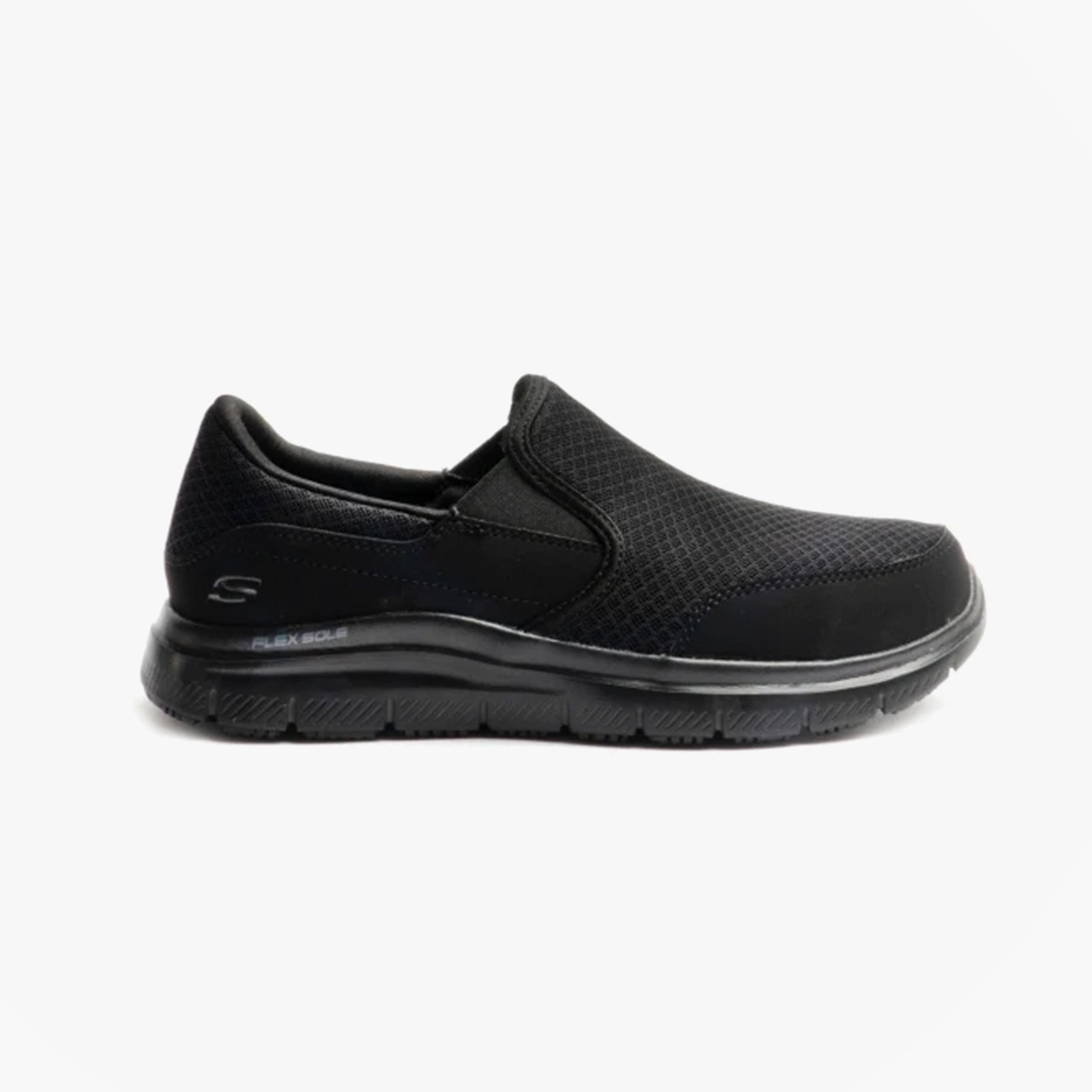 Side view of Skechers Work 77048EC FLEX ADVANTAGE - MCALLEN SR Mens Occupational Trainers Black, slip-on with rubber sole.