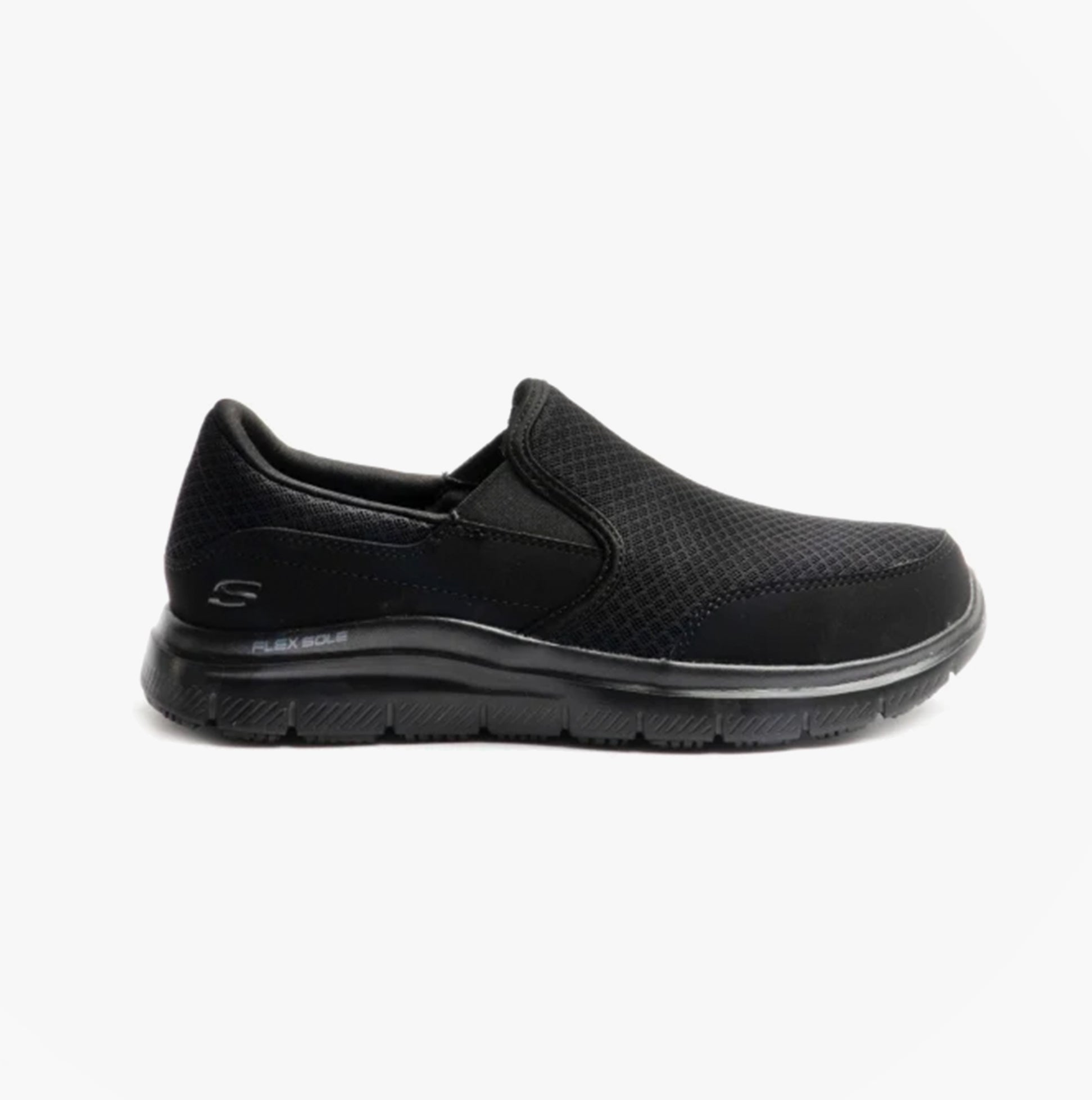 Side view of Skechers Work 77048EC FLEX ADVANTAGE - MCALLEN SR Mens Occupational Trainers Black, slip-on with rubber sole.