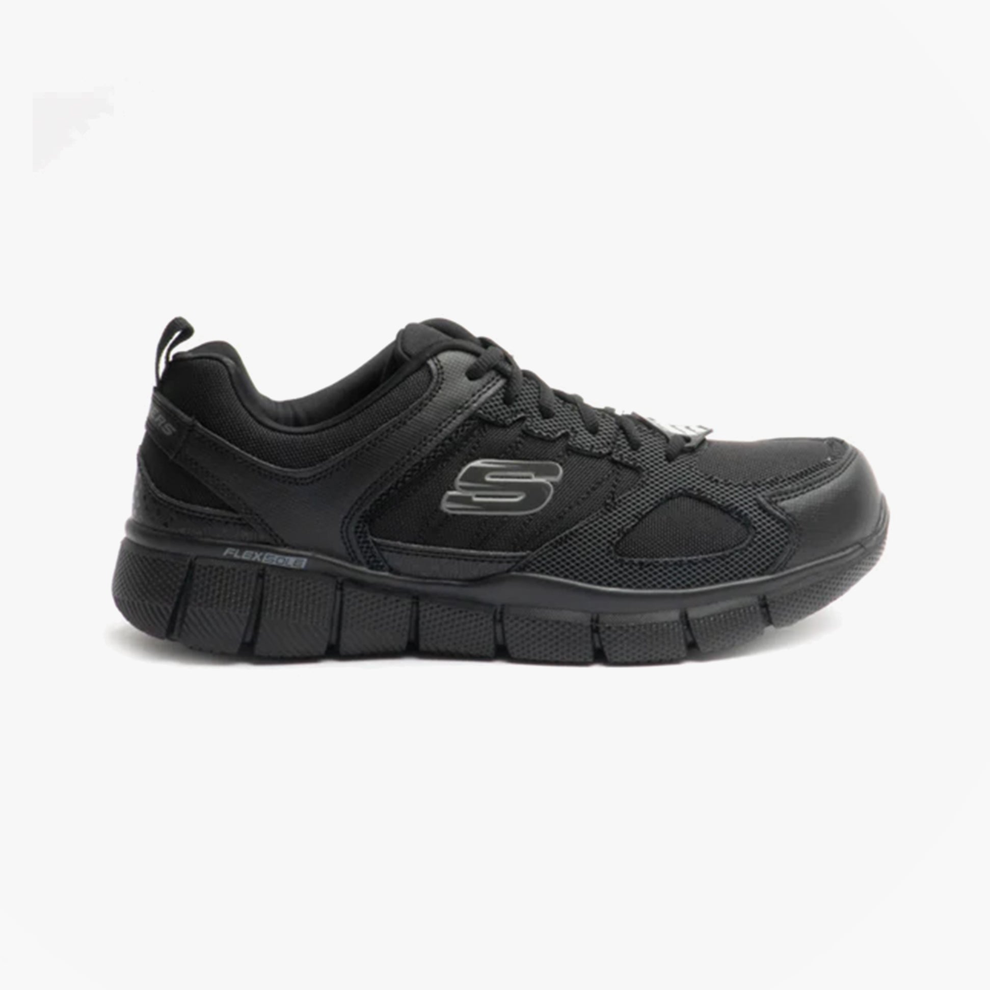 Skechers Work 77152EC TELFIN - SANPHET SR Mens Occupational Trainers Black, side view, lace-up leather-textile upper, rubber sole.
