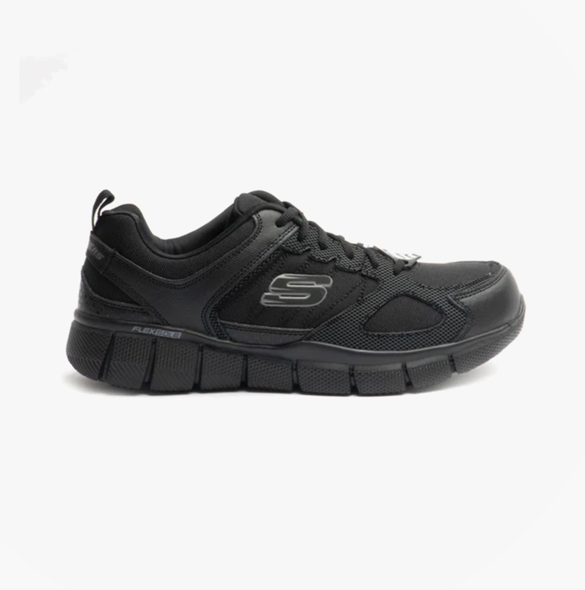Skechers Work 77152EC TELFIN - SANPHET SR Mens Occupational Trainers Black, side view, lace-up leather-textile upper, rubber sole.