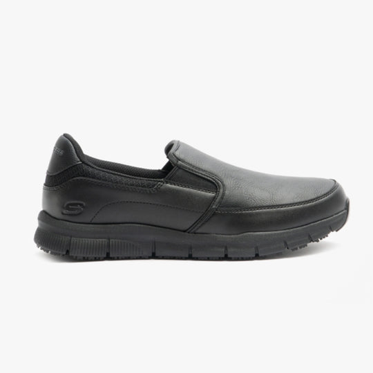 Skechers Work 77157EC NAMPA - GROTON SR Mens Occupational Trainers Black, side view, showcasing slip-on design and grip sole.