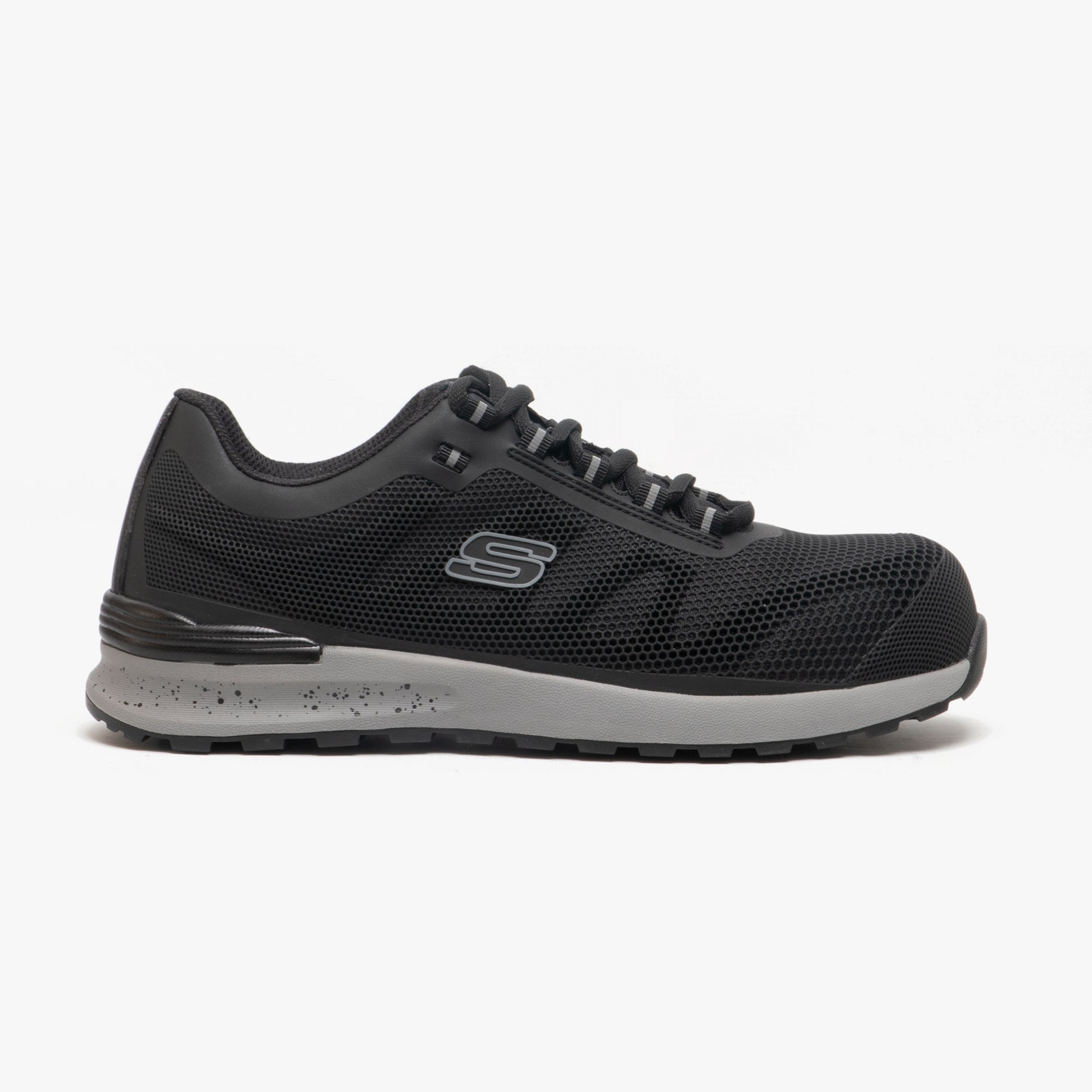Side view of Skechers Work 77180EC BULKLIN - LYNDALE Mens Safety Trainers Black, synthetic upper, rubber sole, composite toe cap.