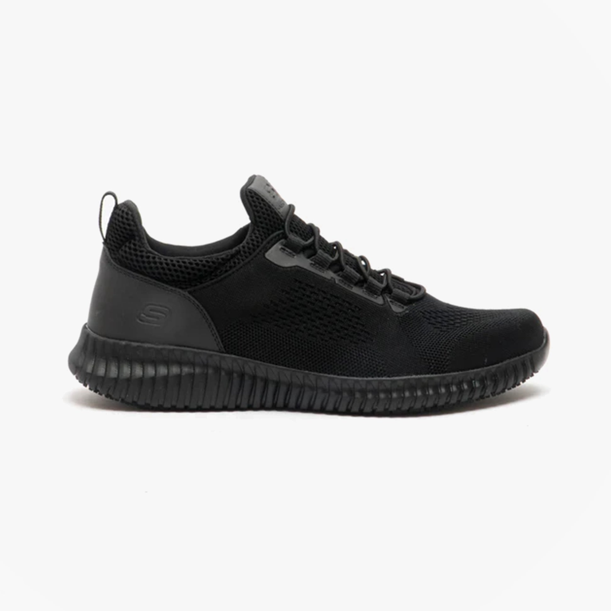 Skechers Work 77188EC CESSNOCK SR Mens Occupational Trainers Black side view showing textile upper and rubber sole.