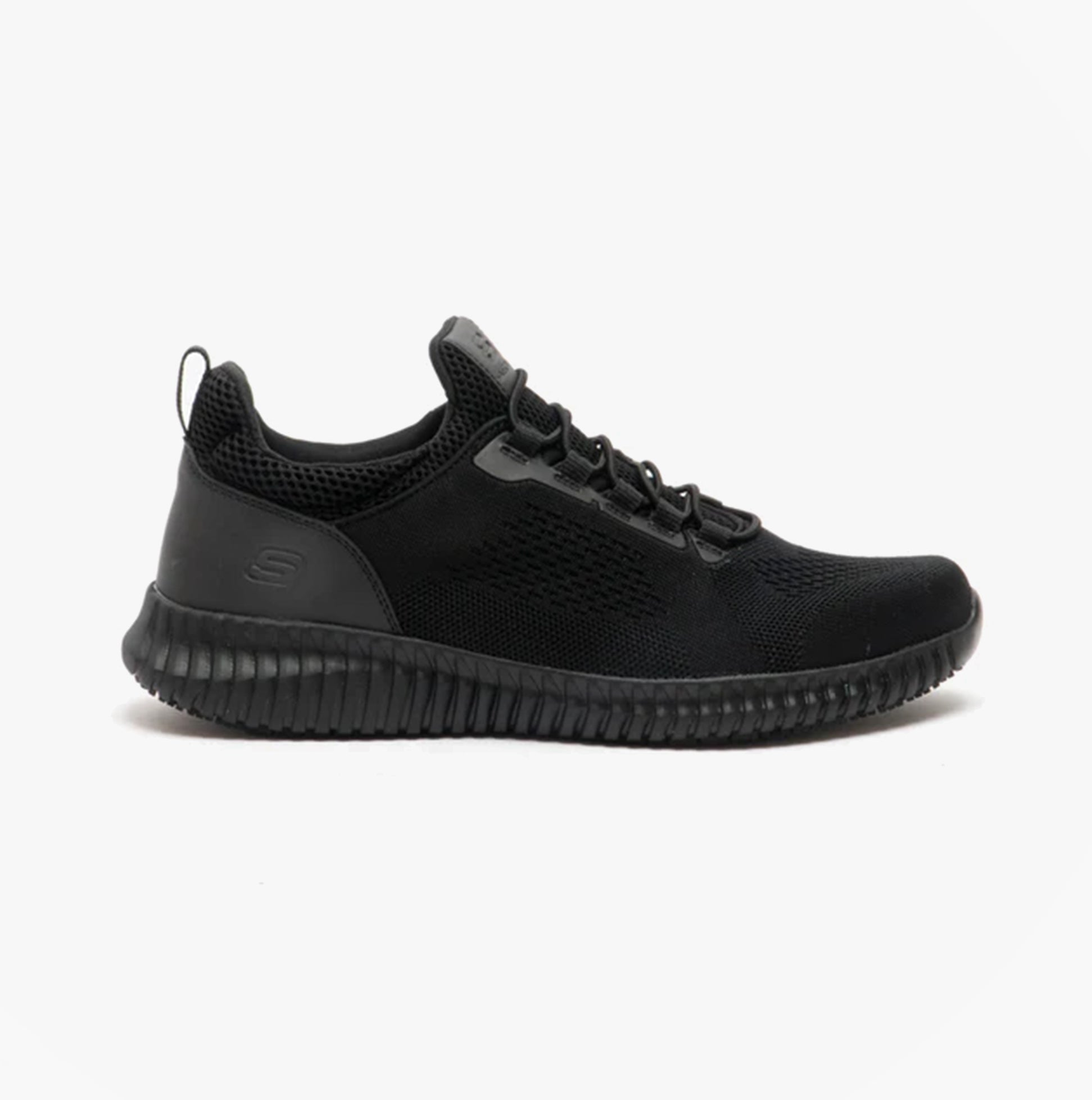 Skechers Work 77188EC CESSNOCK SR Mens Occupational Trainers Black side view showing textile upper and rubber sole.