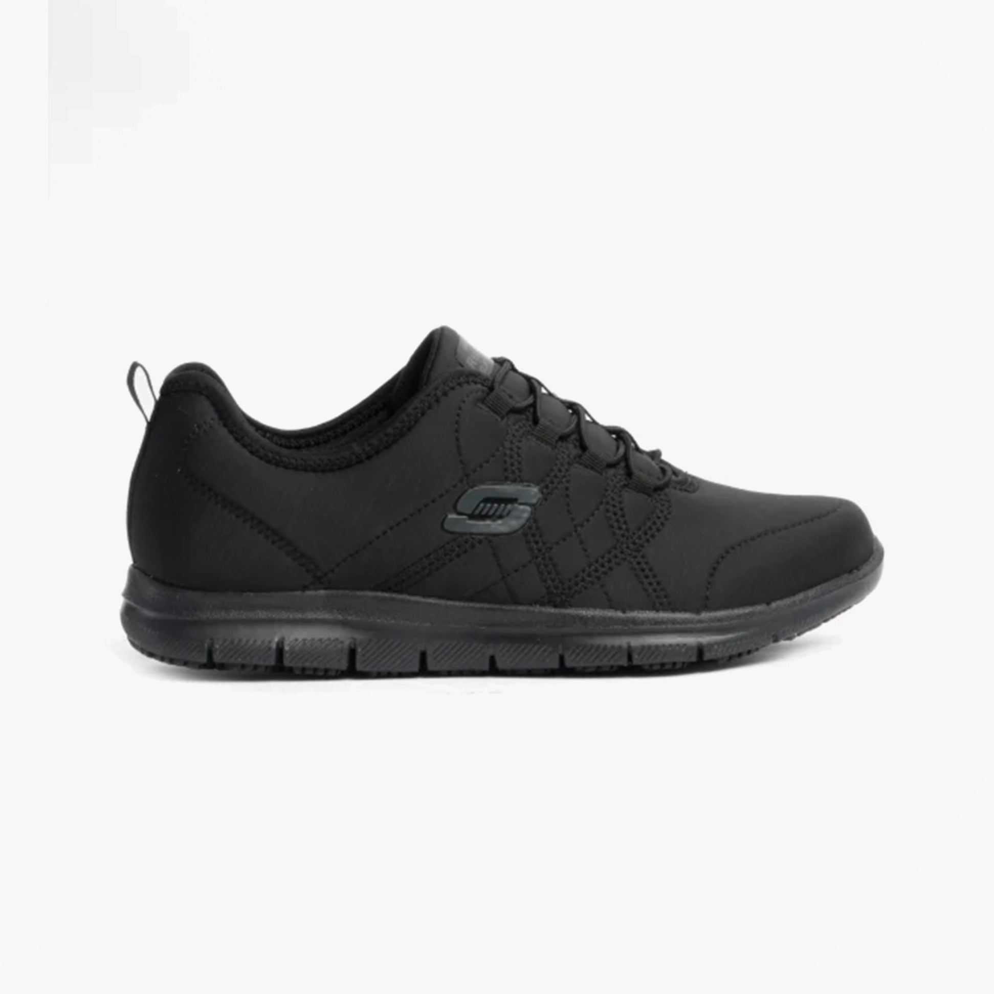 Side view of Skechers Work 77211EC GHENTER - SRELT SR Womens Occupational Trainers Black with lace-up design and rubber sole.