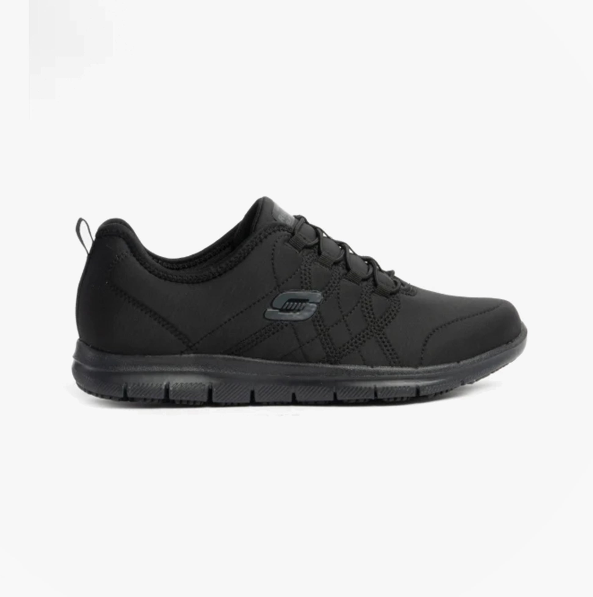 Side view of Skechers Work 77211EC GHENTER - SRELT SR Womens Occupational Trainers Black with lace-up design and rubber sole.