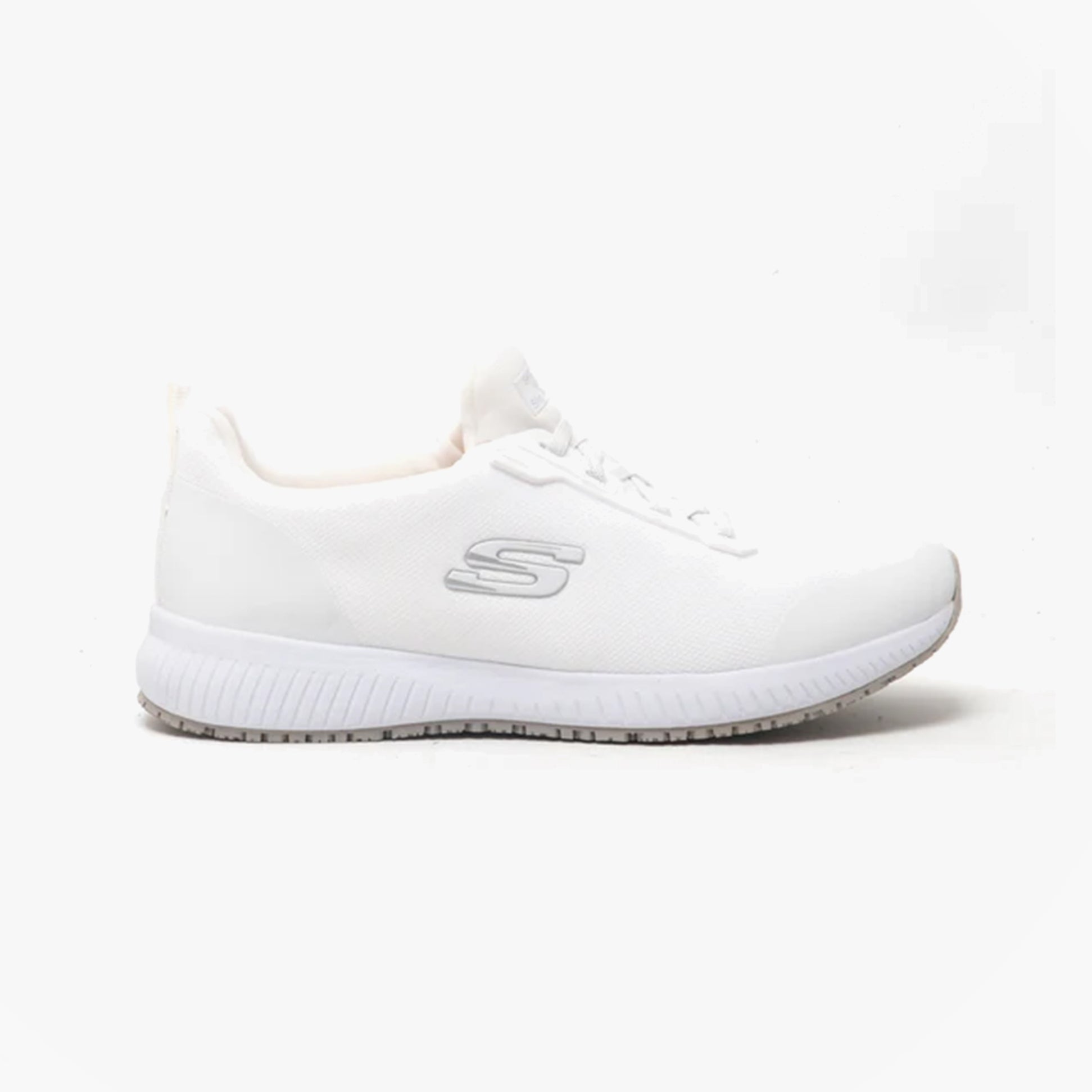 Side view of Skechers Work 77222EC SQUAD SR Womens Occupational Trainers White, slip-on with round toe and slip-resistant sole.