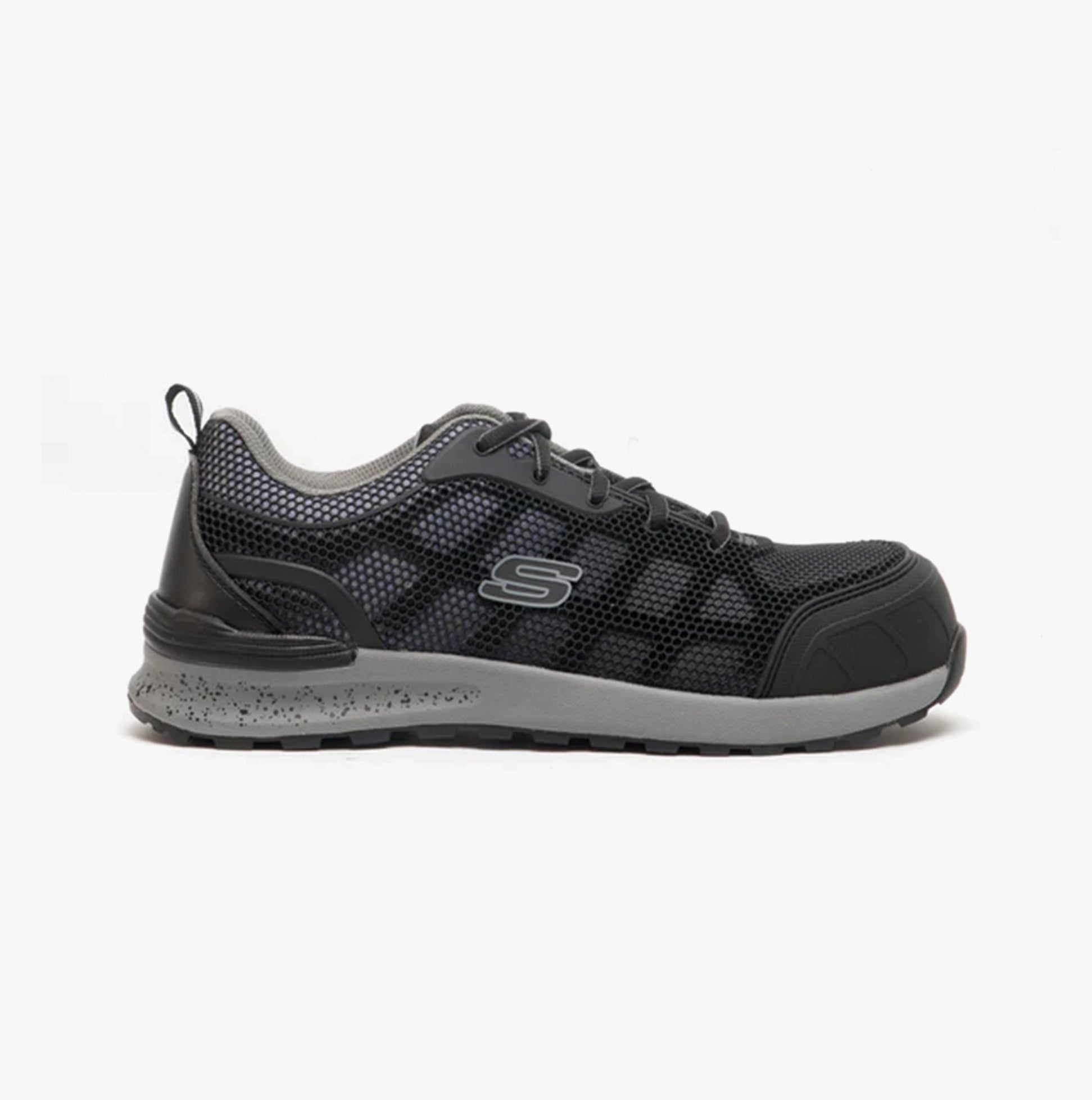 Skechers Work 77273EC BULKLIN - LYNDALE Womens Safety Trainers Black/Grey side view with composite toe and slip-resistant sole.