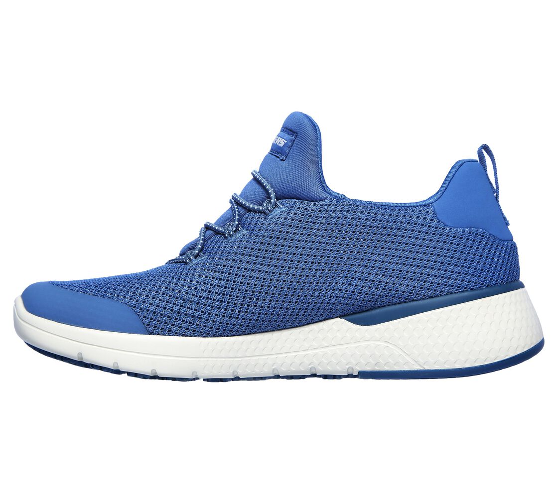 Side view of Skechers Work 77281EC MARSING - WAIOLA SR Womens Occupational Trainers Blue with mesh upper and flat sole.