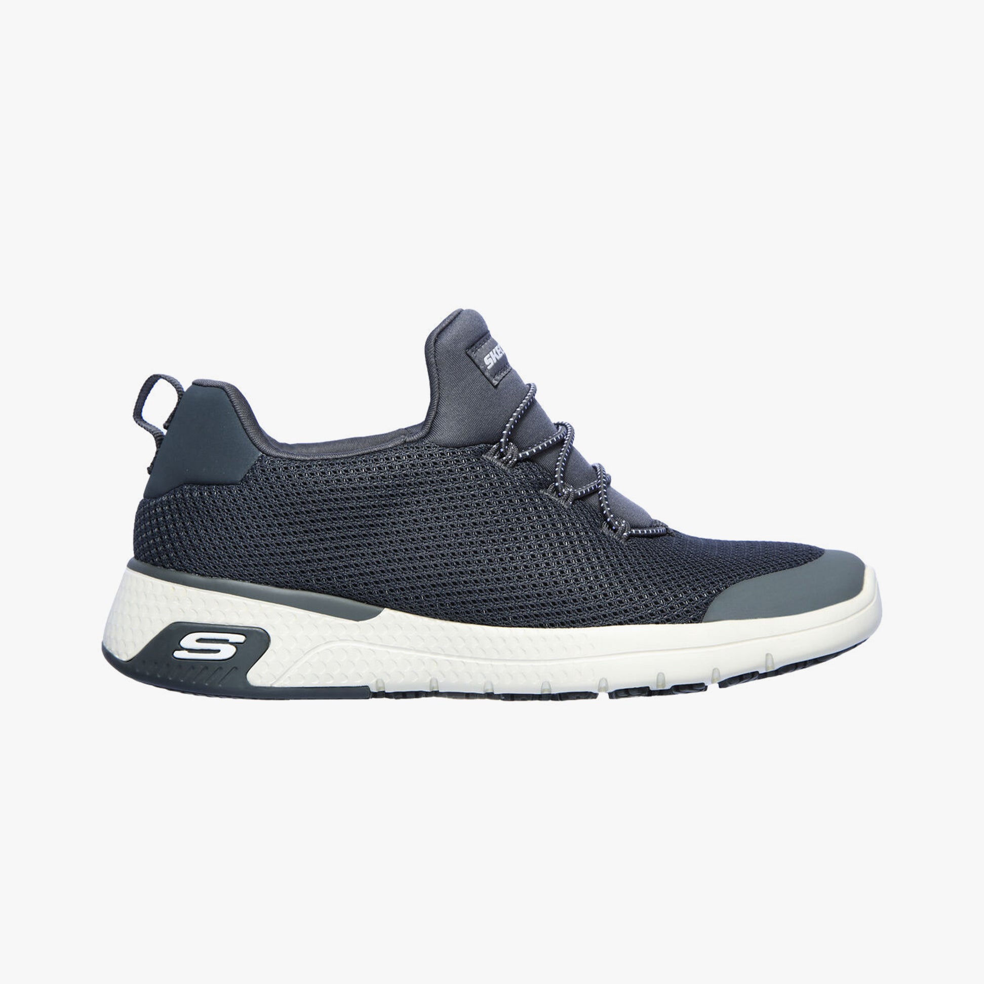 Side view of Skechers Work 77281EC MARSING - WAIOLA SR Womens Occupational Trainers Charcoal showing mesh upper and relaxed width.