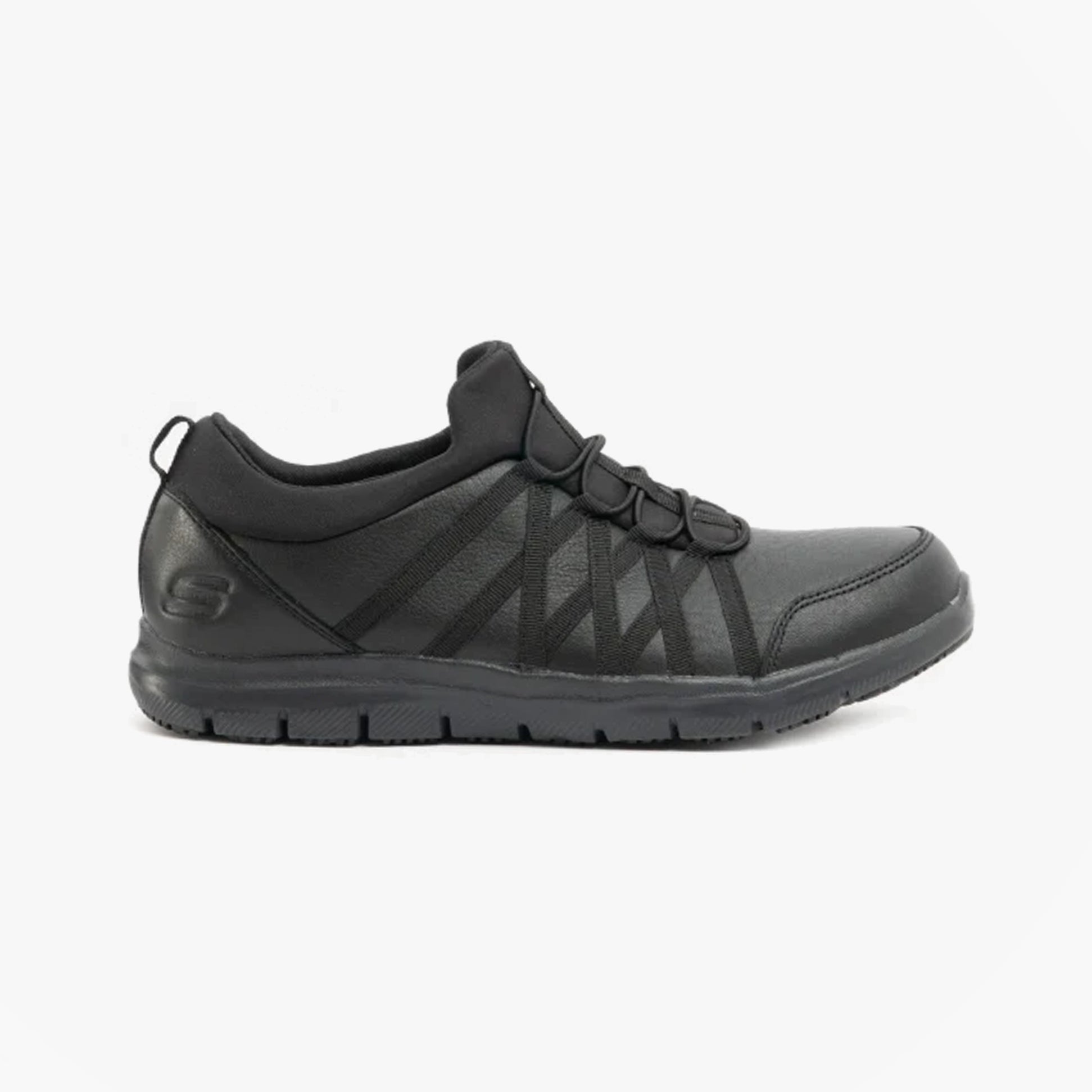 Side view of Skechers Work 77283EC GHENTER SR Womens Occupational Trainers Black, slip-resistant, leather and fabric upper.