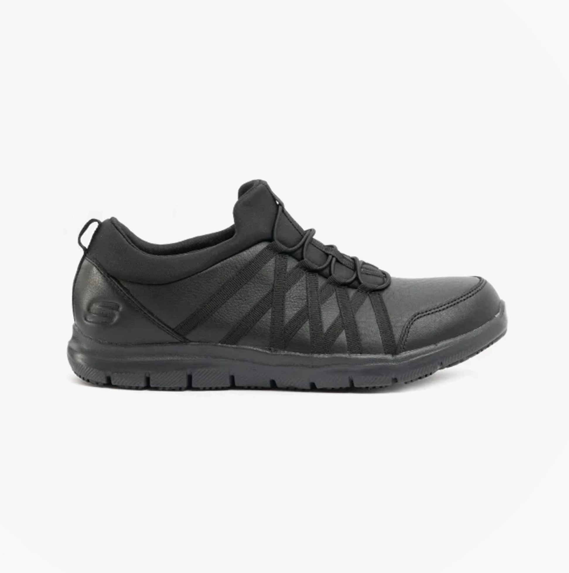 Side view of Skechers Work 77283EC GHENTER SR Womens Occupational Trainers Black, slip-resistant, leather and fabric upper.