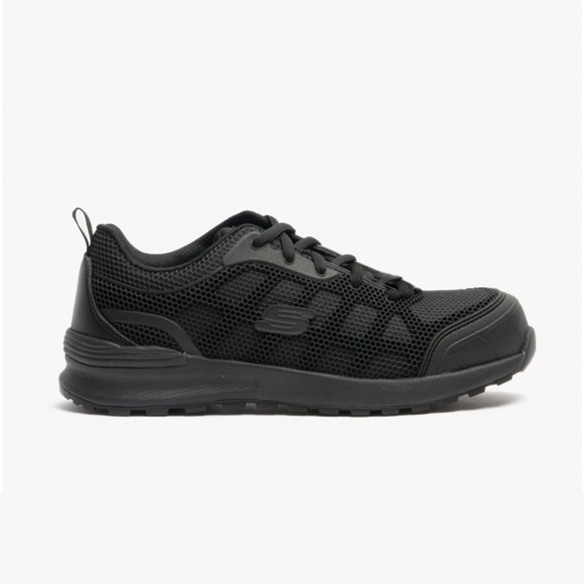 Skechers Work 77289EC BULKLIN - AYAK Womens Safety Trainers Black side view showing lace-up design and scuff-resistant toe.