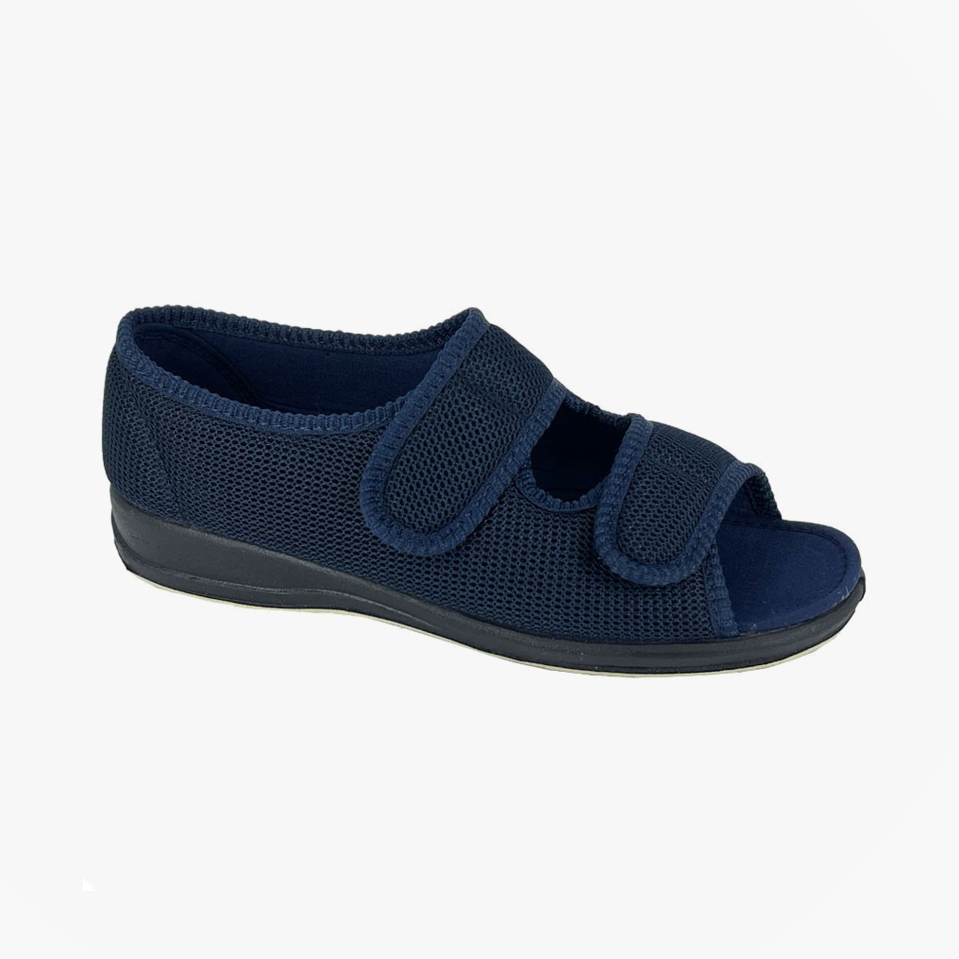 Sleepers BETTY Womens Touch Fasten/Velcro Slippers Navy Blue side view showing adjustable straps and mesh design.