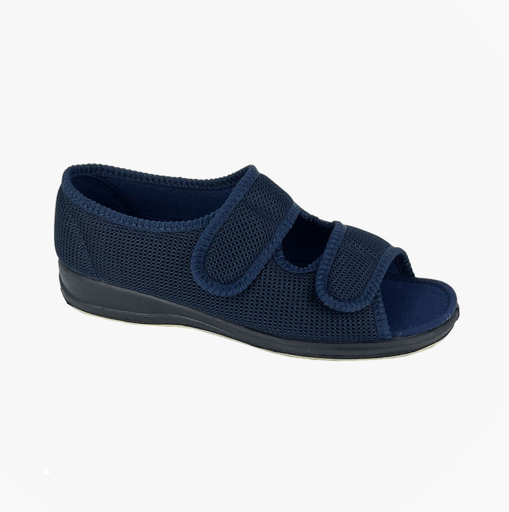 Sleepers BETTY Womens Touch Fasten/Velcro Slippers Navy Blue side view showing adjustable straps and mesh design.