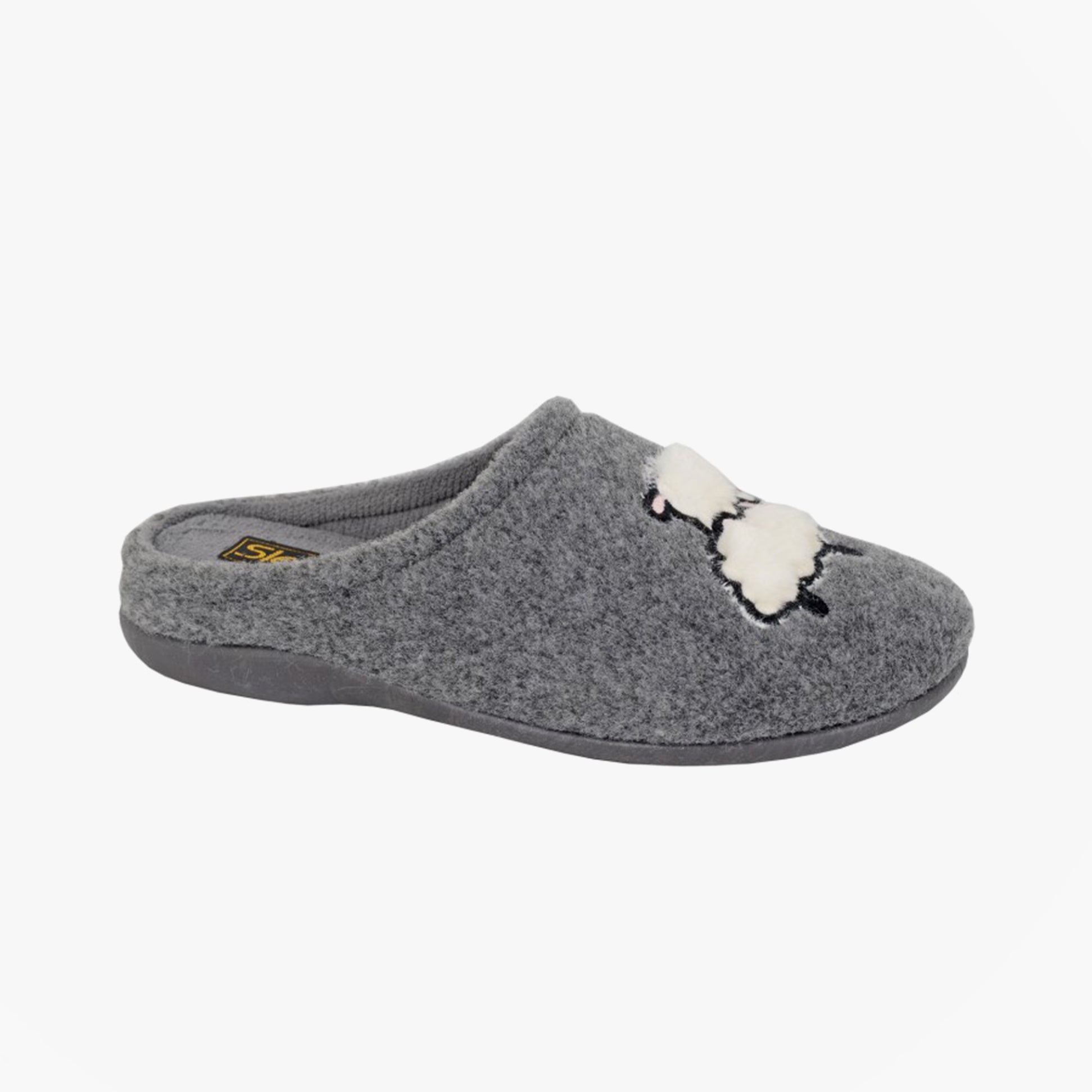 Sleepers SUZIE Womens Mules Slippers Grey side view showing the round toe and soft felt upper with slip-on design.