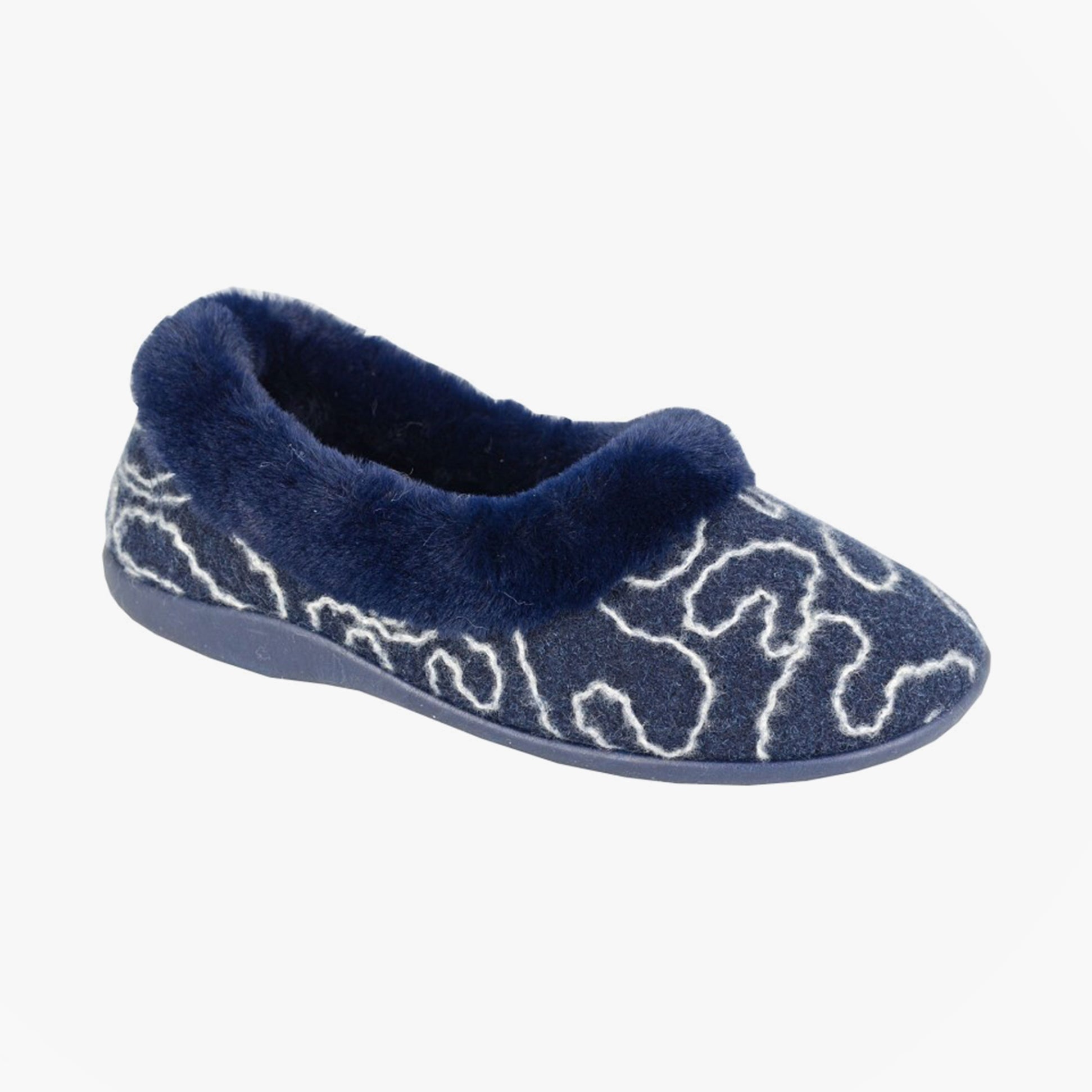 Sleepers DEETA Womens Full Slippers Slippers Navy side view featuring soft textile upper and round toe design.