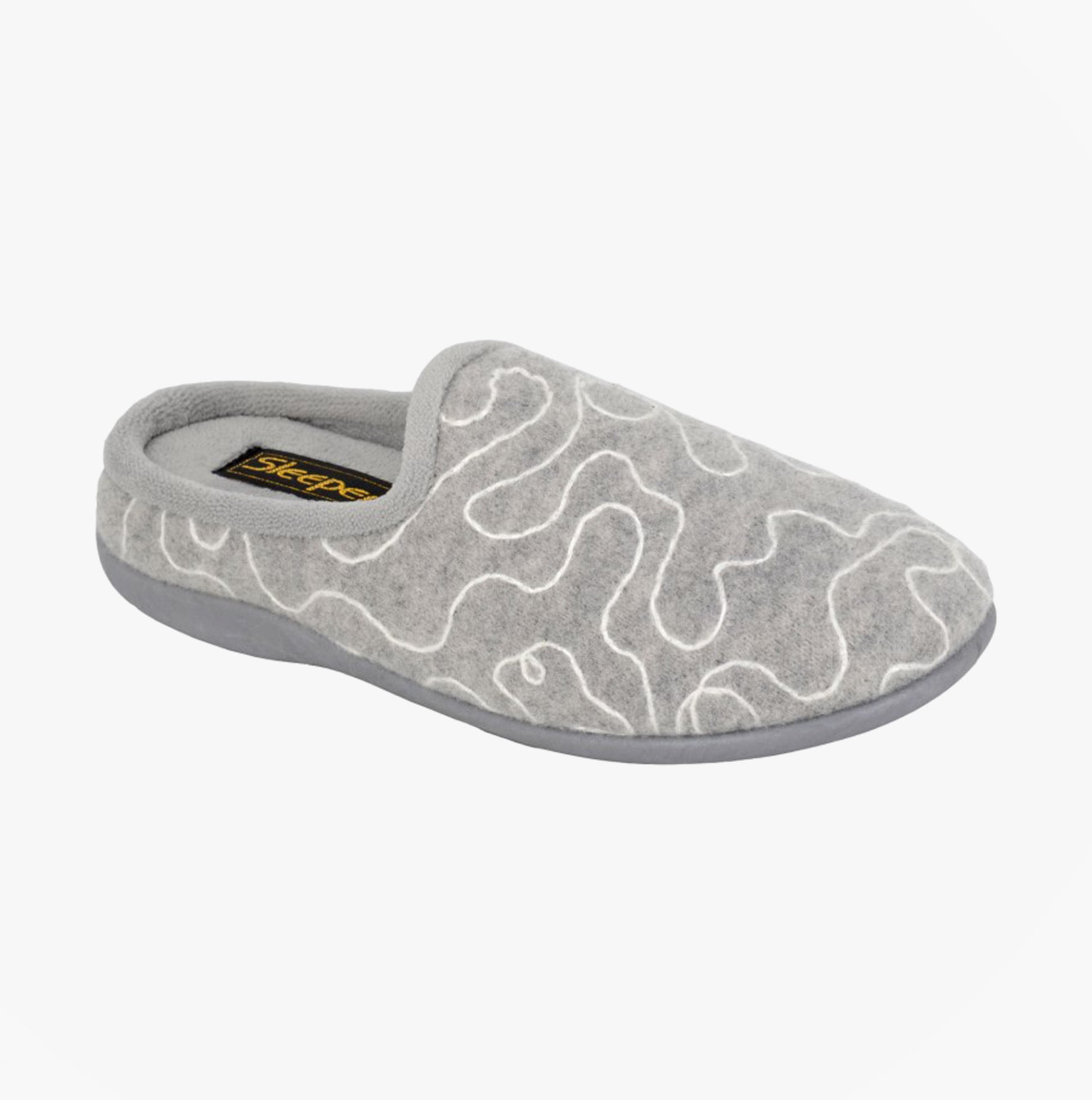 Sleepers TAMMY Womens Mules Slippers Grey side view showing soft textile upper and comfortable slip-on design.