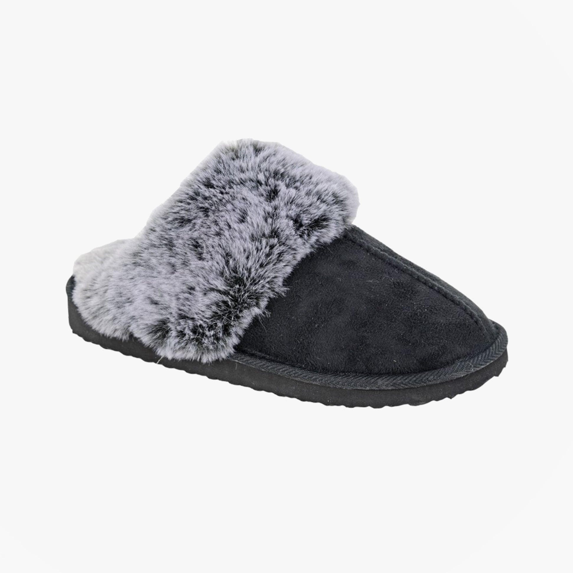 Sleepers JEANIE Womens Mules Slippers Black side view featuring faux fur lining and microfibre upper.