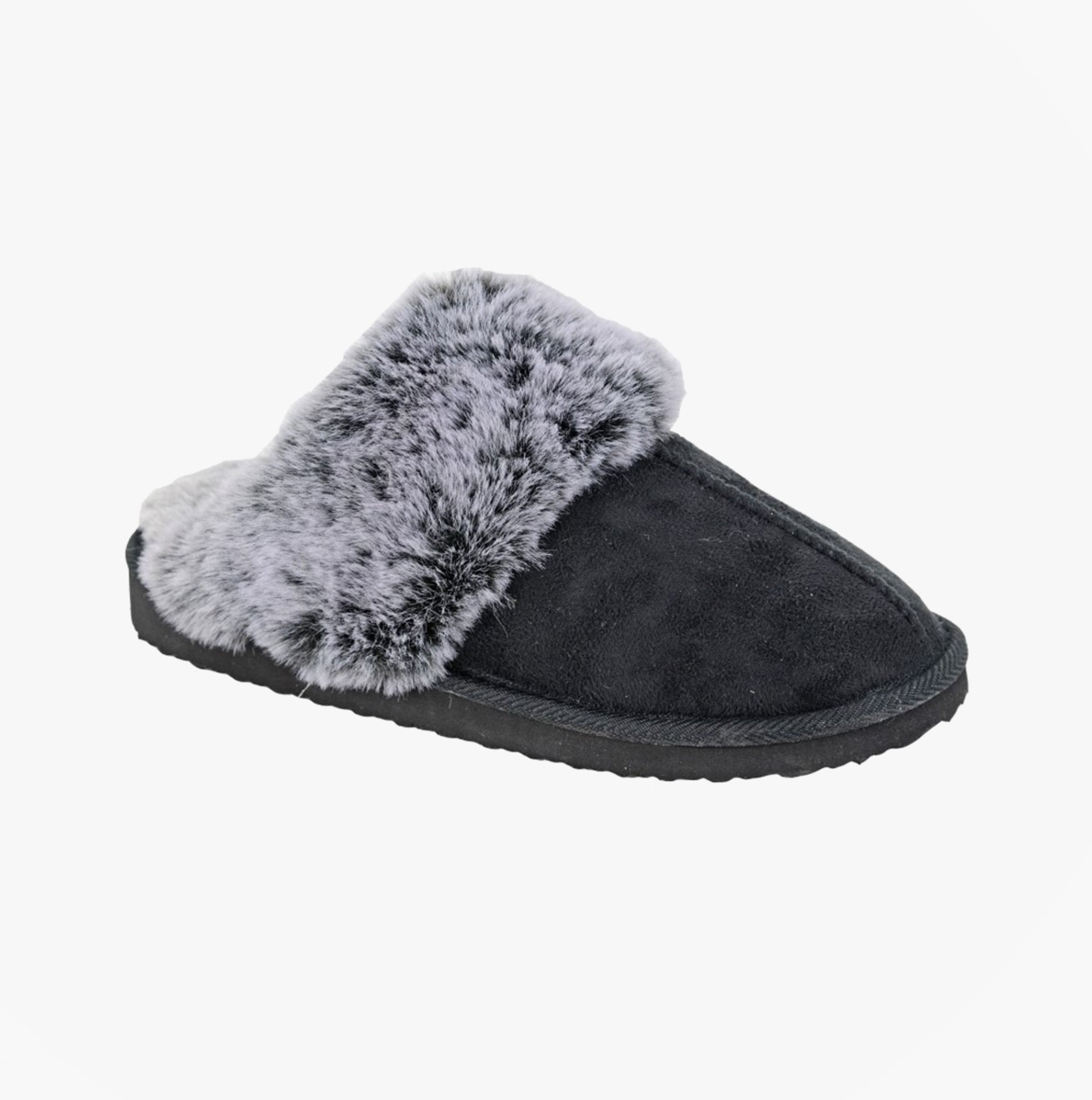 Sleepers JEANIE Womens Mules Slippers Black side view featuring faux fur lining and microfibre upper.