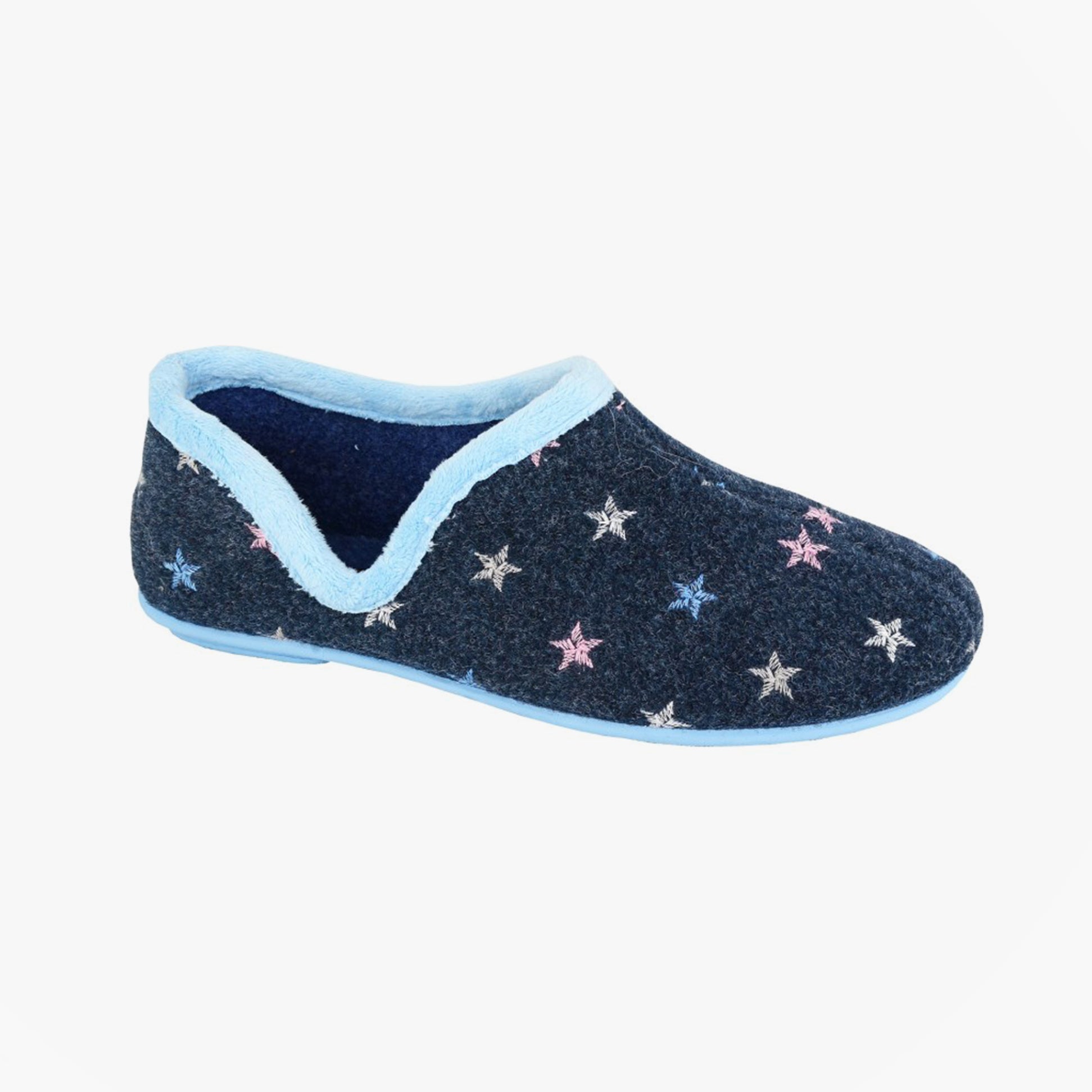 Sleepers ARIA Womens Full Slippers Slippers Navy Blue side view featuring star designs on the upper.