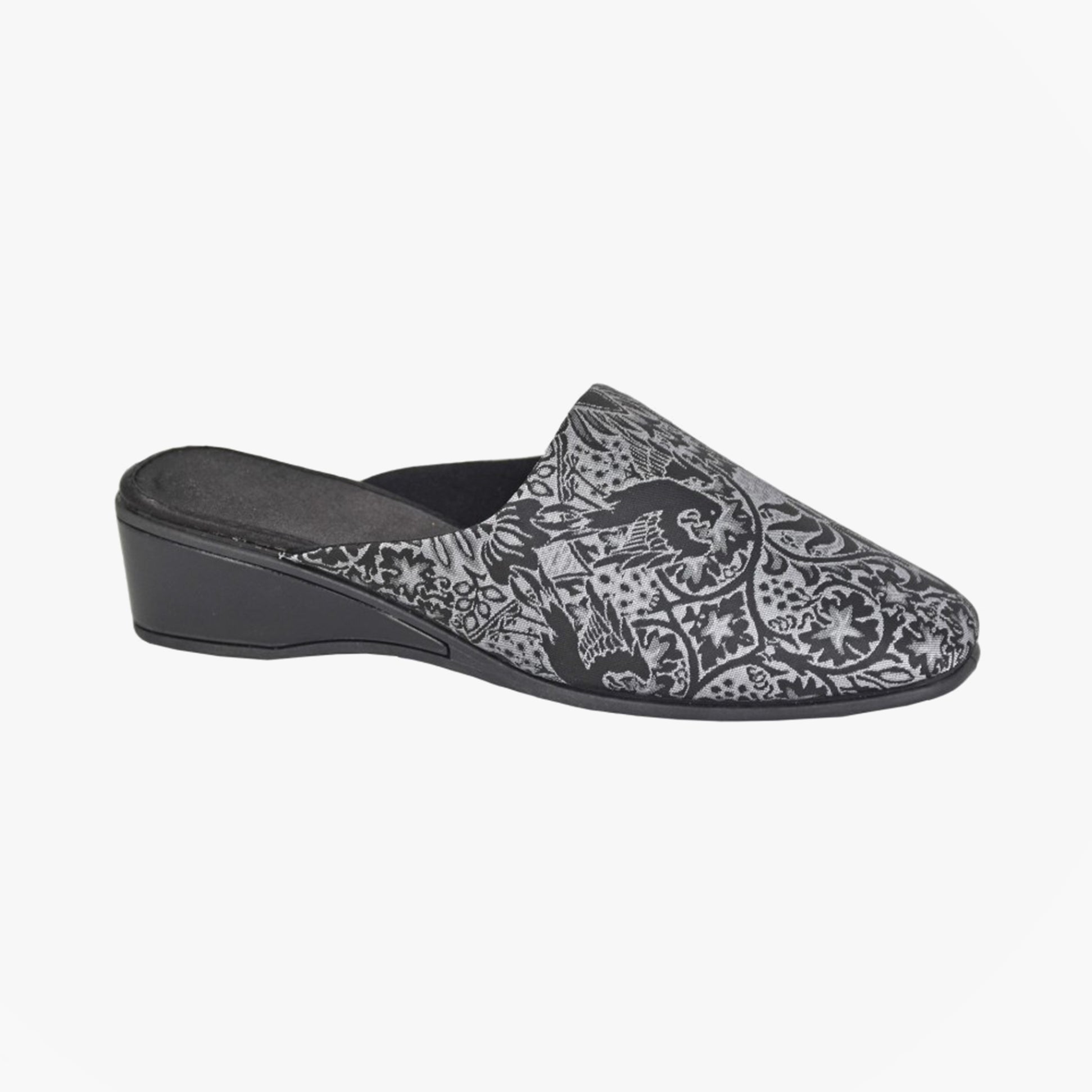 Sleepers PRIYA Womens Mules Slippers Black/Silver side view showing textile upper and low heel design.