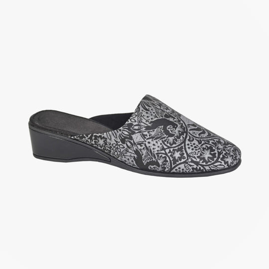Sleepers PRIYA Womens Mules Slippers Black/Silver side view showing textile upper and low heel design.