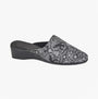 Sleepers PRIYA Womens Mules Slippers Black/Silver side view showing textile upper and low heel design.