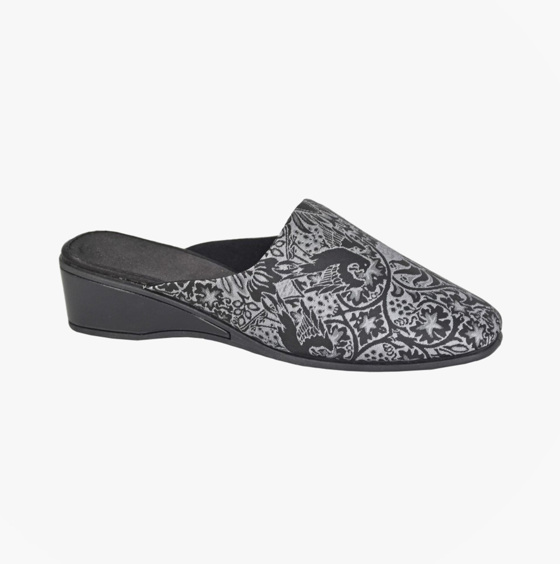 Sleepers PRIYA Womens Mules Slippers Black/Silver side view showing textile upper and low heel design.