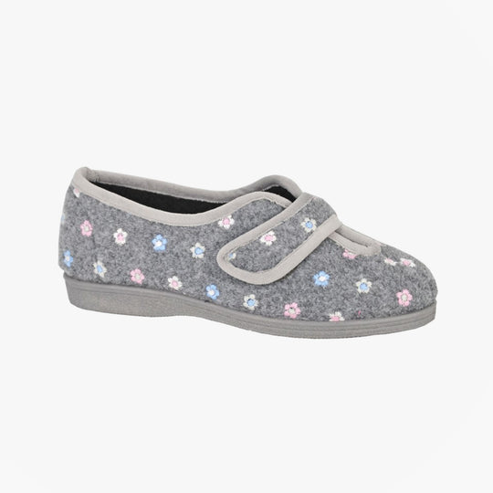 Sleepers MATILDA Womens Touch Fasten/Velcro Slippers Grey side view with floral design and adjustable strap.