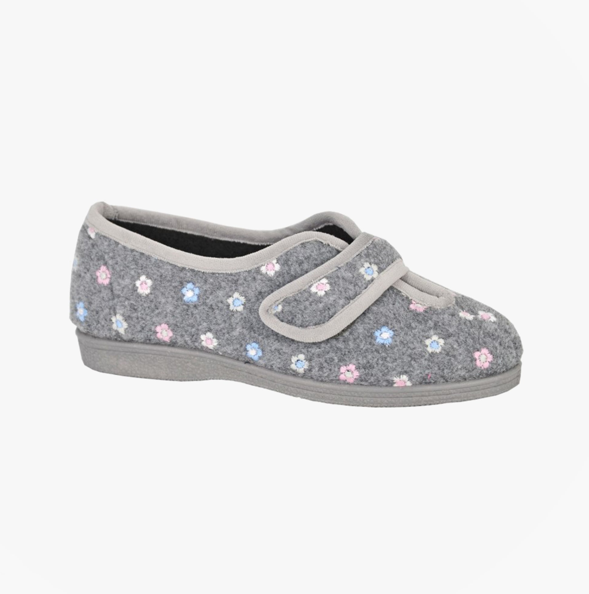 Sleepers MATILDA Womens Touch Fasten/Velcro Slippers Grey side view with floral design and adjustable strap.