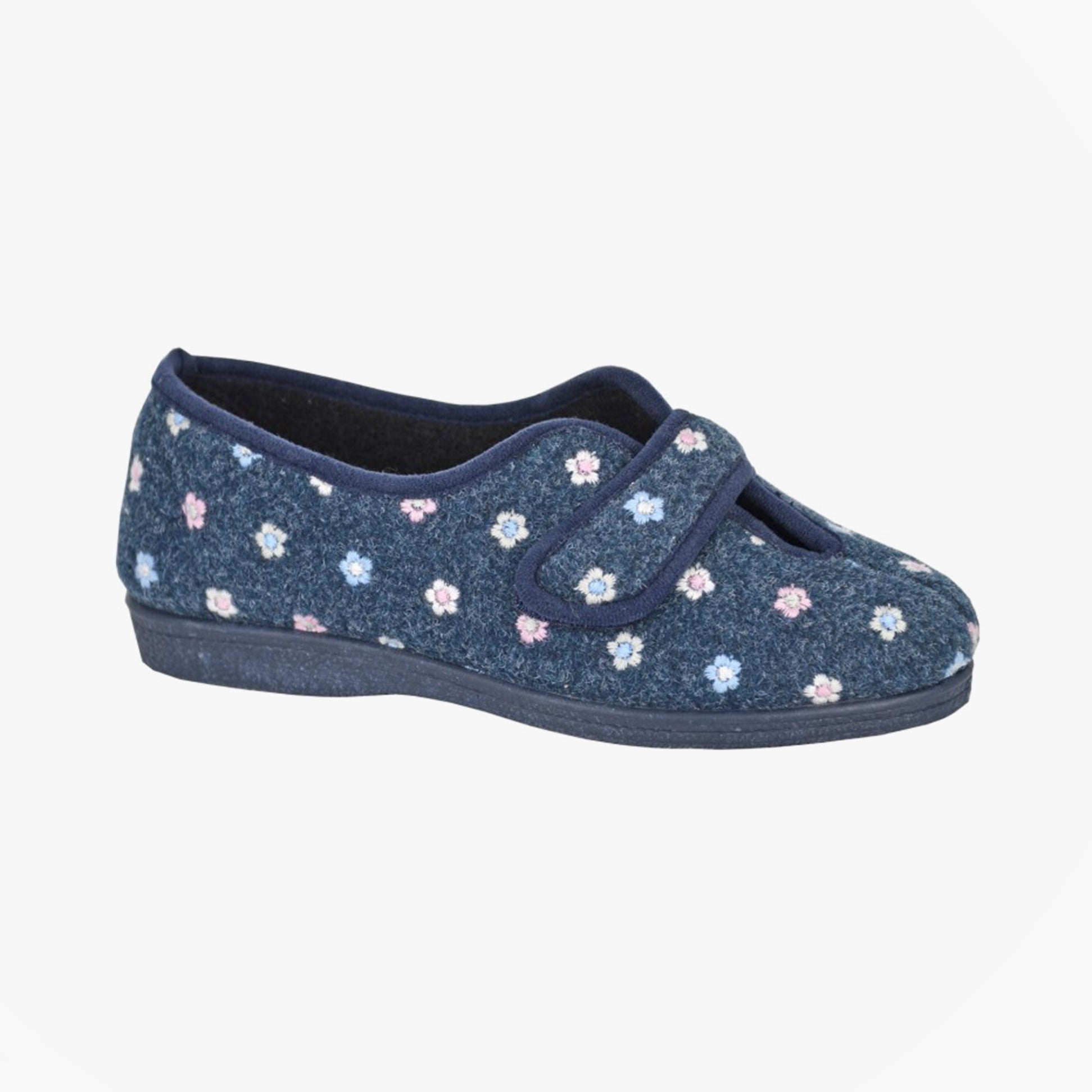 Sleepers MATILDA Womens Touch Fasten/Velcro Slippers Navy side view with floral pattern on navy textile upper.