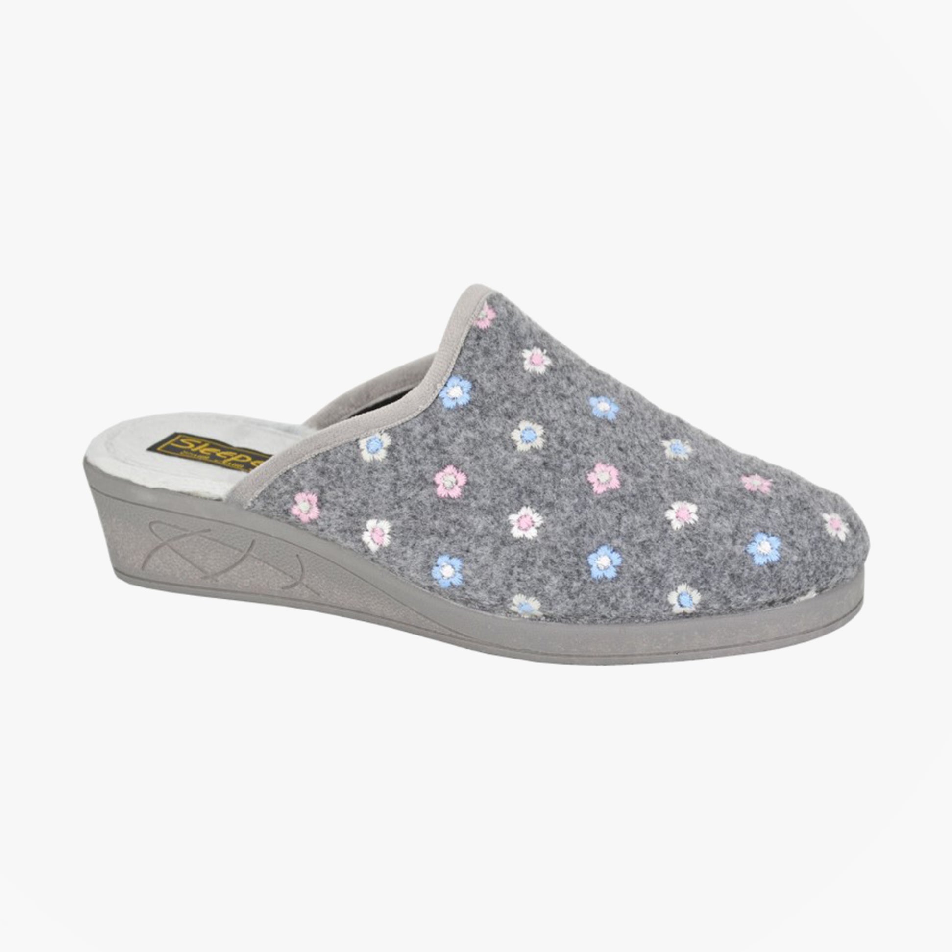 Sleepers JOSEPHINE Womens Mules Slippers Grey side view showing floral design and low wedge sole.