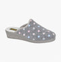 Sleepers JOSEPHINE Womens Mules Slippers Grey side view showing floral design and low wedge sole.