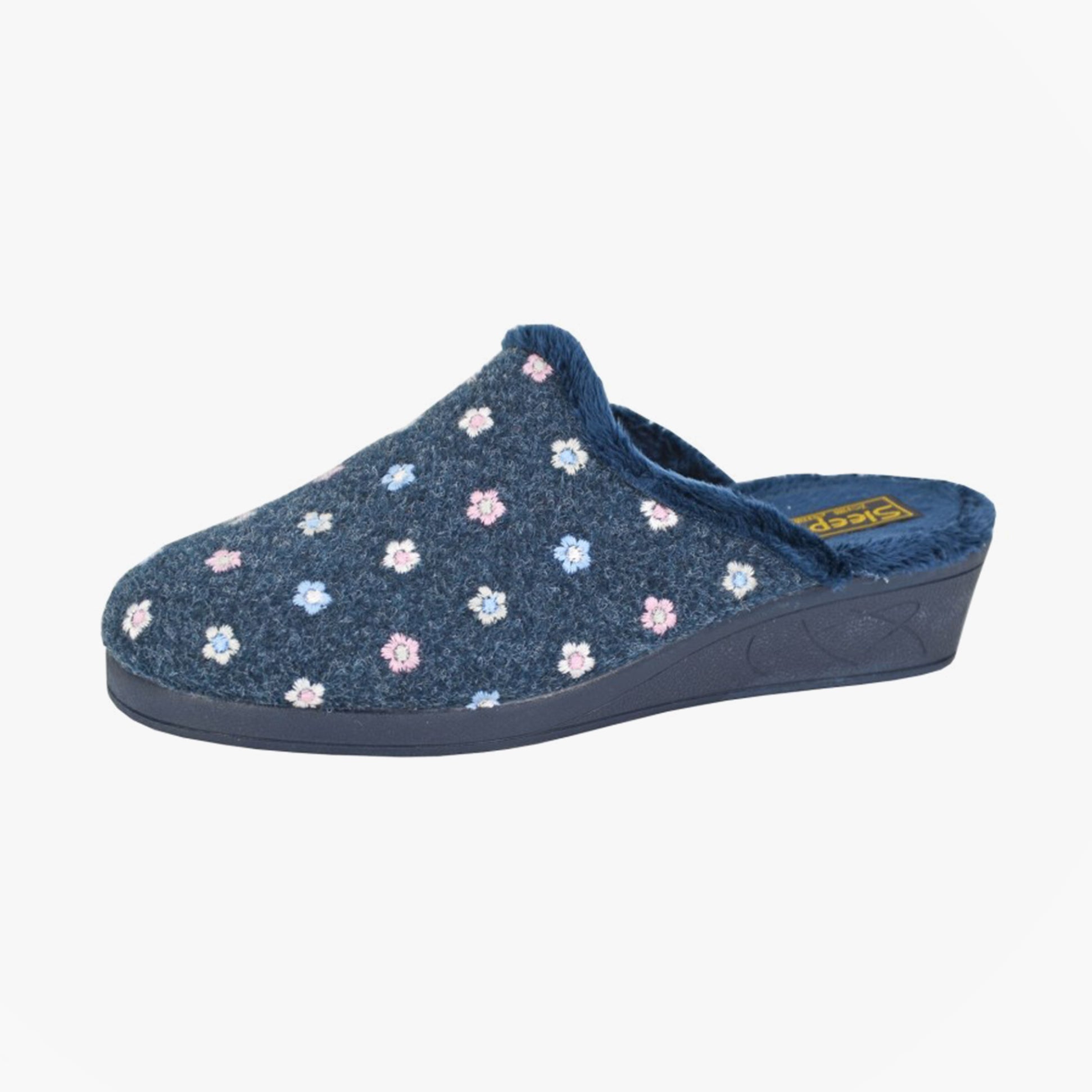 Sleepers JOSEPHINE Womens Mules Slippers Navy side view with floral design and low heel.