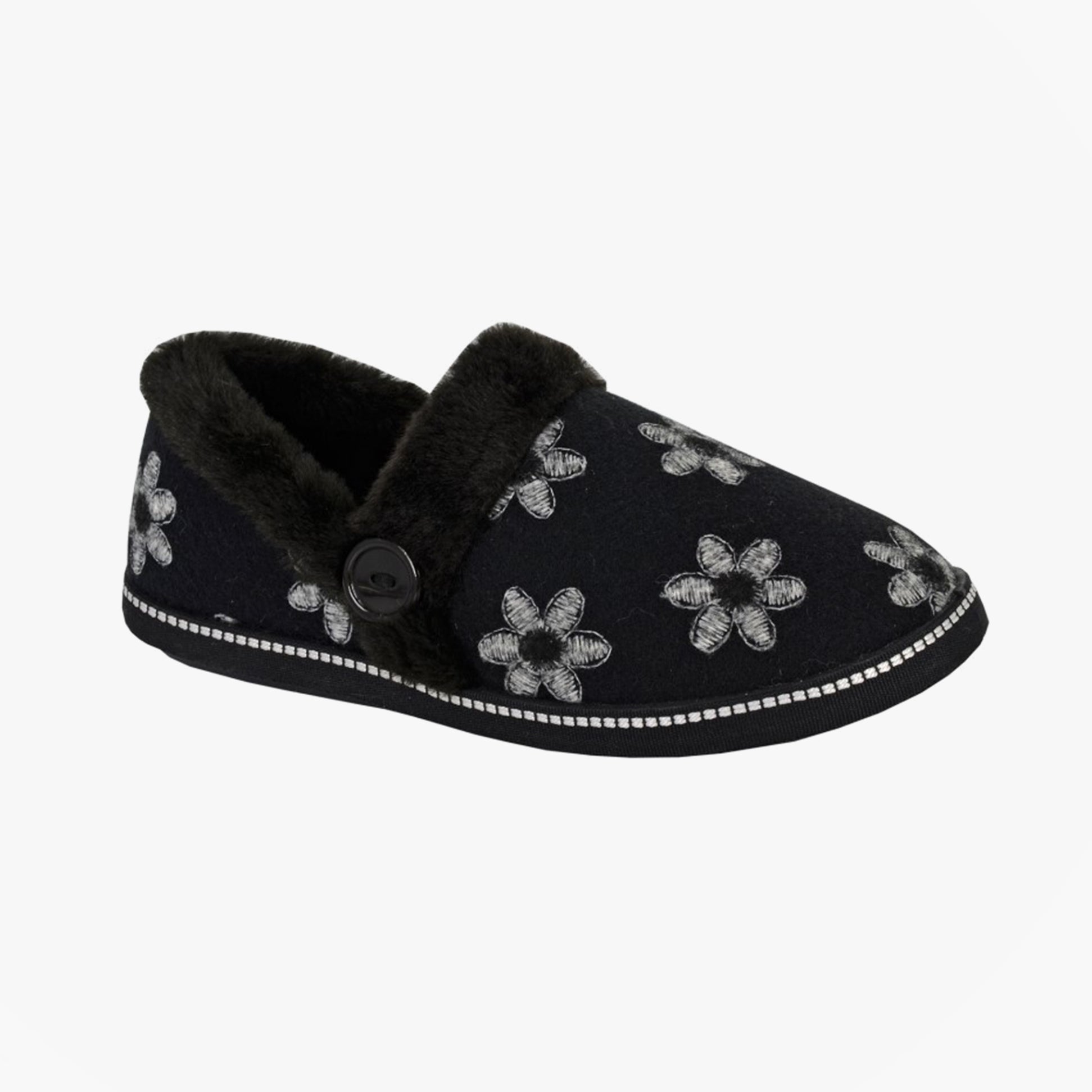 Sleepers TRINA Womens Full Slippers Slippers Black side view with floral design and faux fur lining