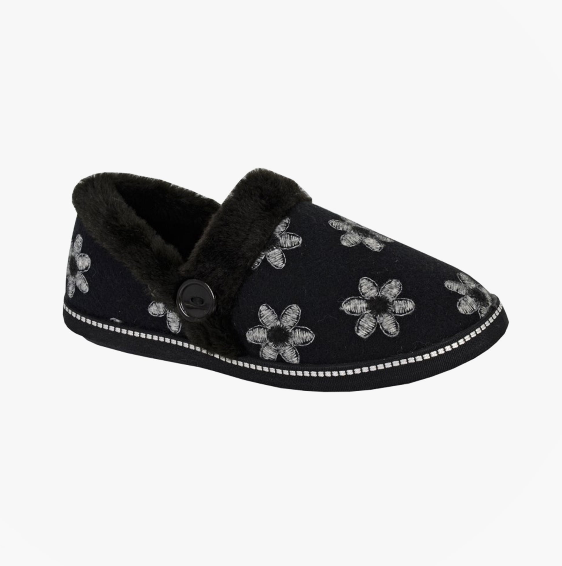 Sleepers TRINA Womens Full Slippers Slippers Black side view with floral design and faux fur lining