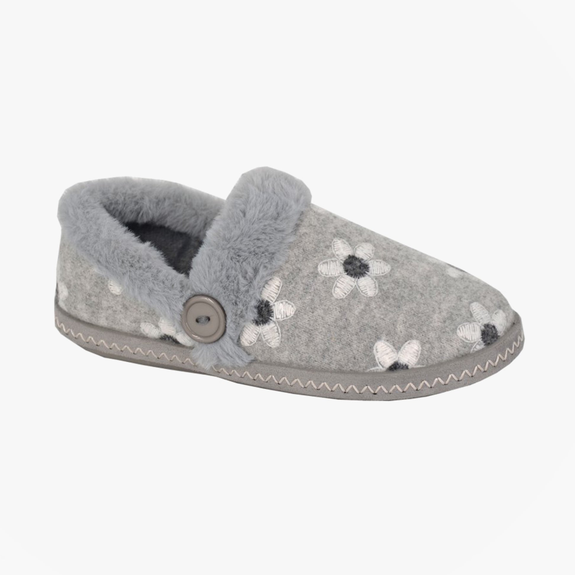 Sleepers TRINA Womens Full Slippers Slippers Grey side view showing floral design and faux fur lining.