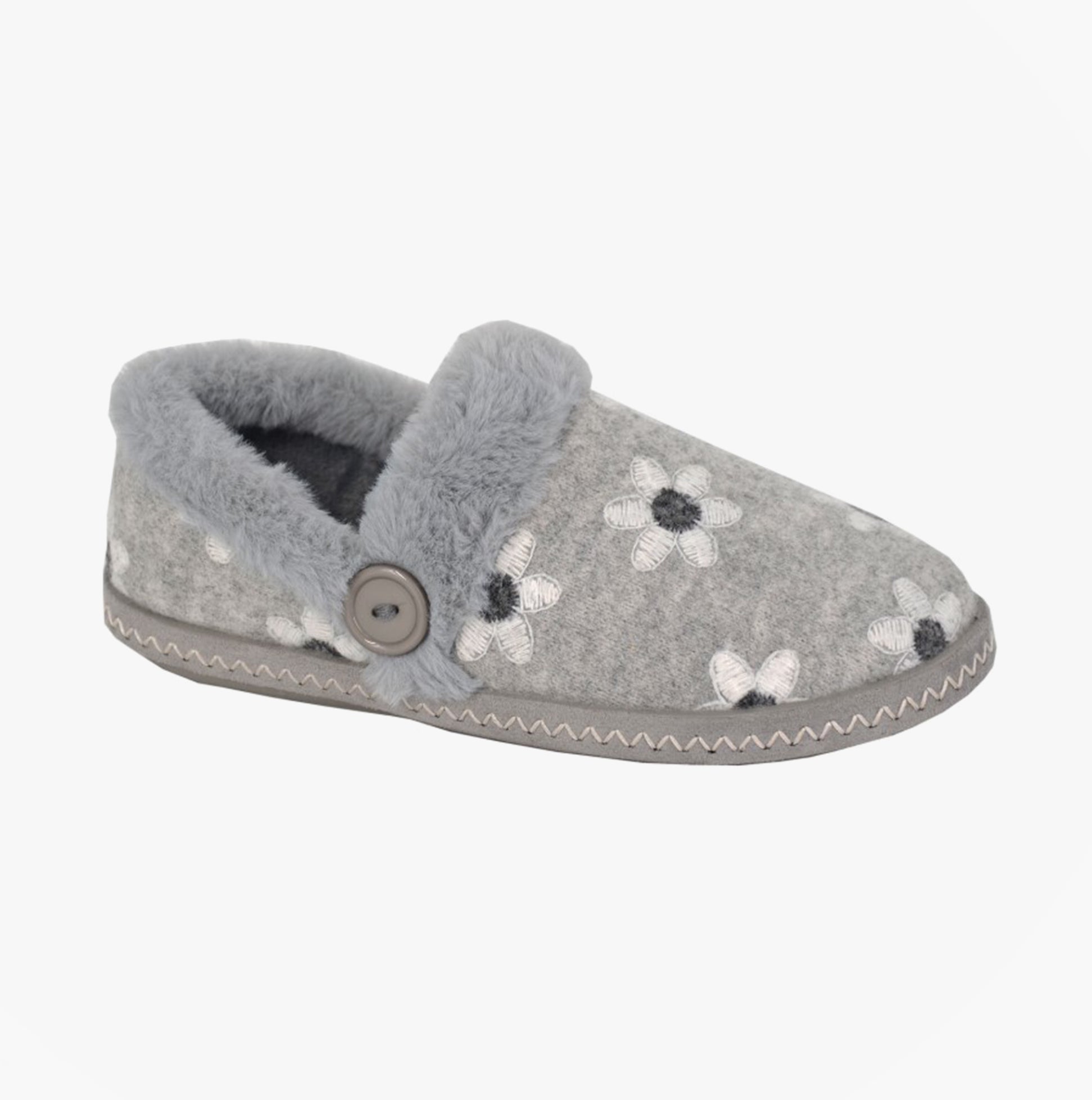 Sleepers TRINA Womens Full Slippers Slippers Grey side view showing floral design and faux fur lining.