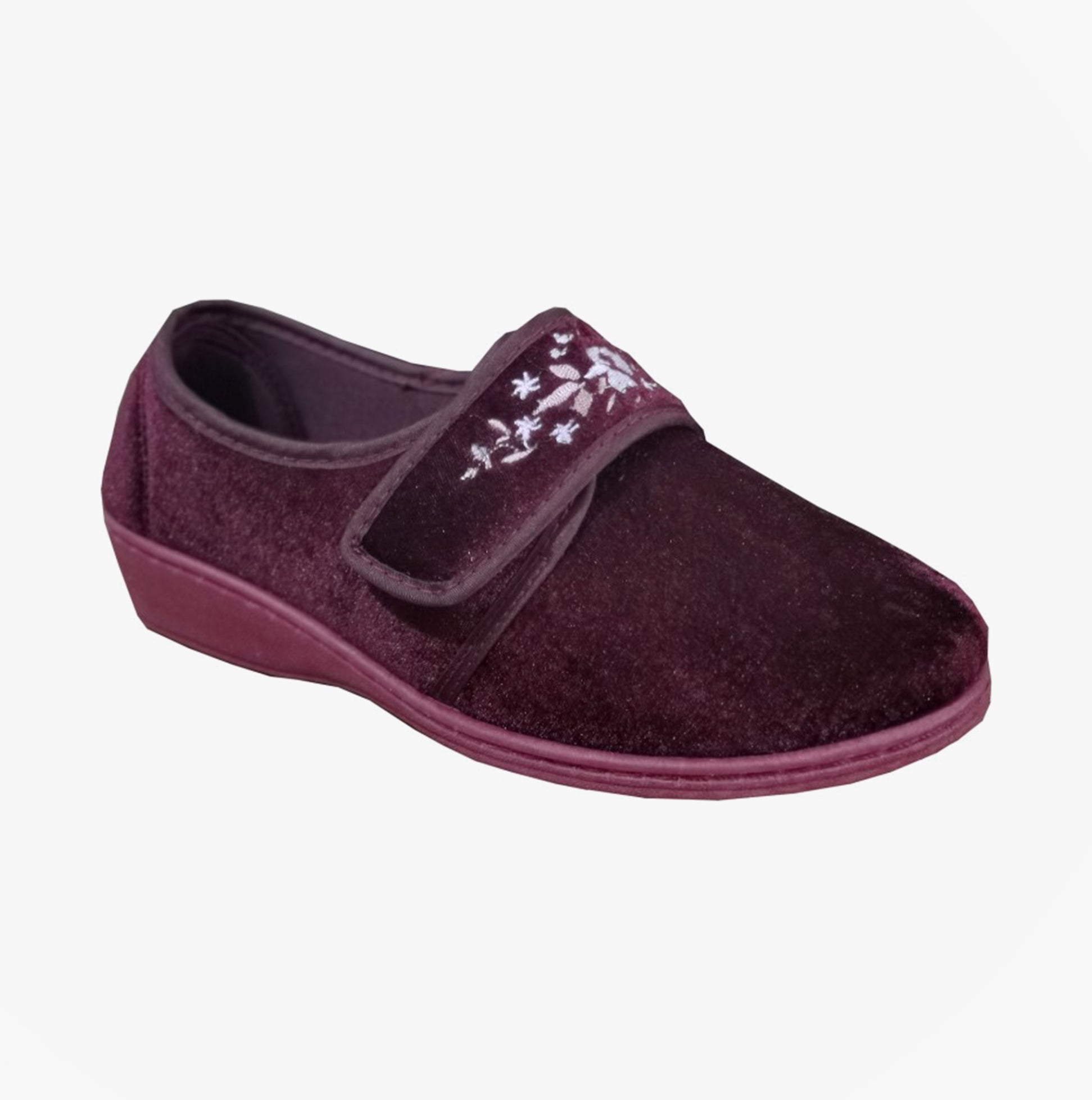 Sleepers ELSIE Womens Touch Fasten/Velcro Slippers Burgundy side view with embroidered design on a velvet upper.