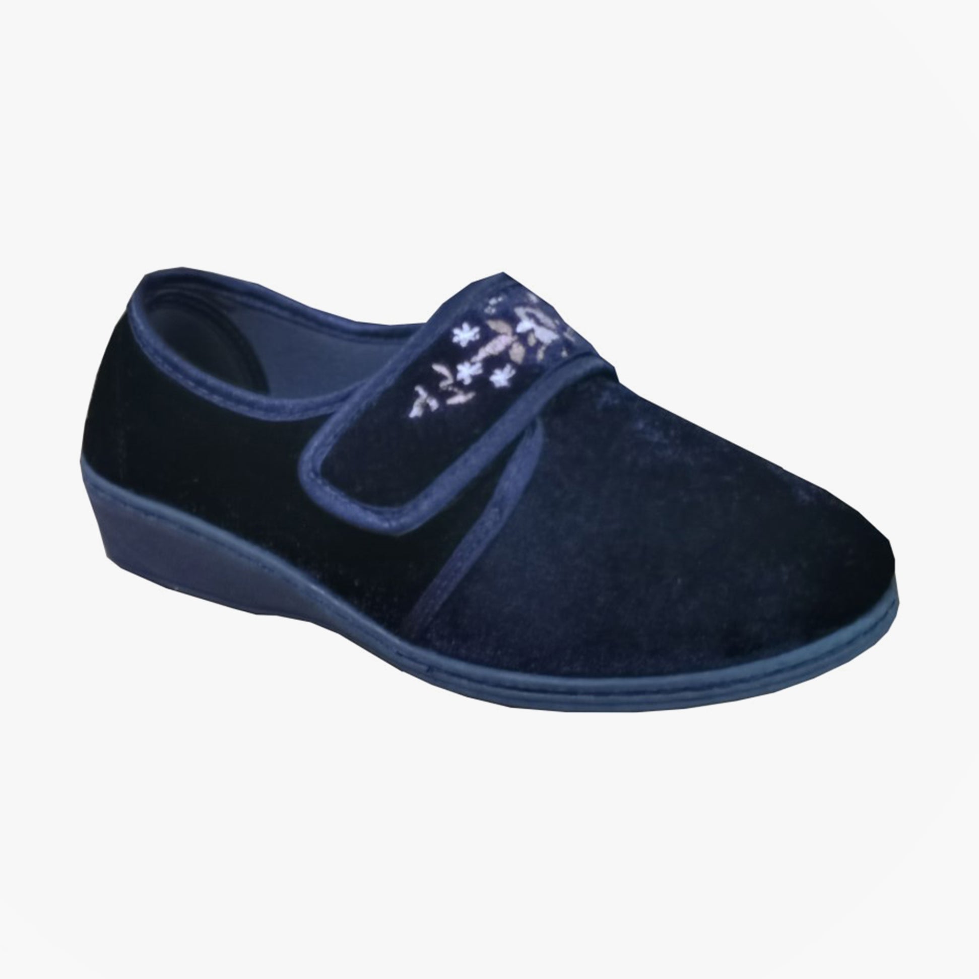 Sleepers ELSIE Womens Touch Fasten/Velcro Slippers Navy side view showing textile upper and Velcro strap for easy fit.