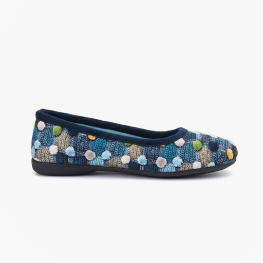 Sleepers SAMIRA Womens Polka Dot Velour Lined Ballet Slippers Blue/Multi